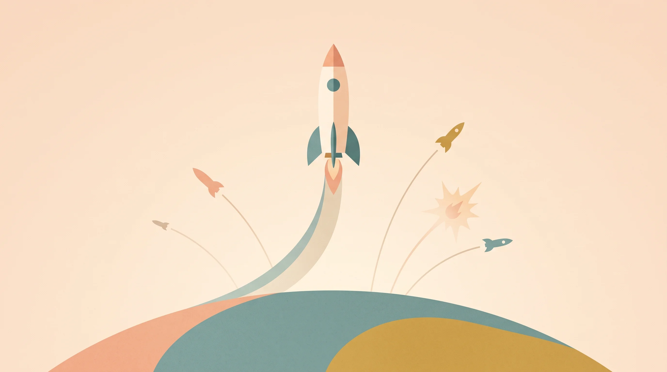 Digital illustration for article section "The Wider Landscape" in "India's First Private Orbital Rocket Set for Historic Launch" - A conceptual, minimalist illustration of a sleek, stylized rocket smoothly ascending from a gentle, ...