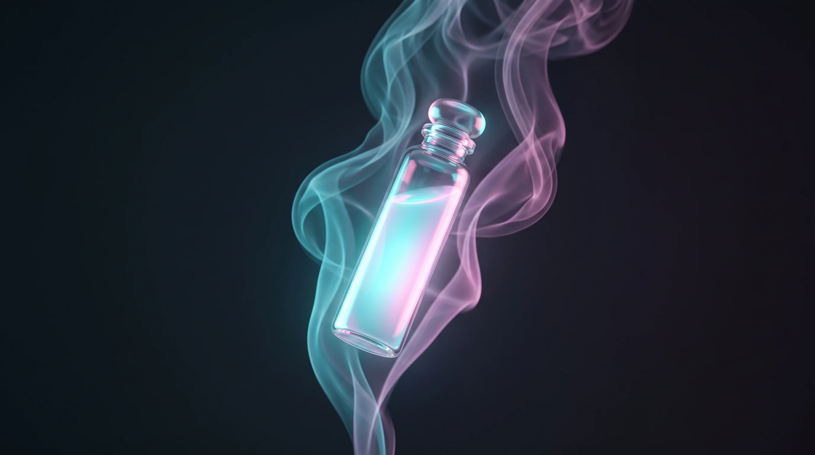 Digital illustration for article section "A Market With Room to Run" in "BCT Ventures Raises $4.4M to Build AI-Powered Wellness Brands" - A sleek, minimalist glass wellness vial floating gracefully in the center of the composition, symbol...