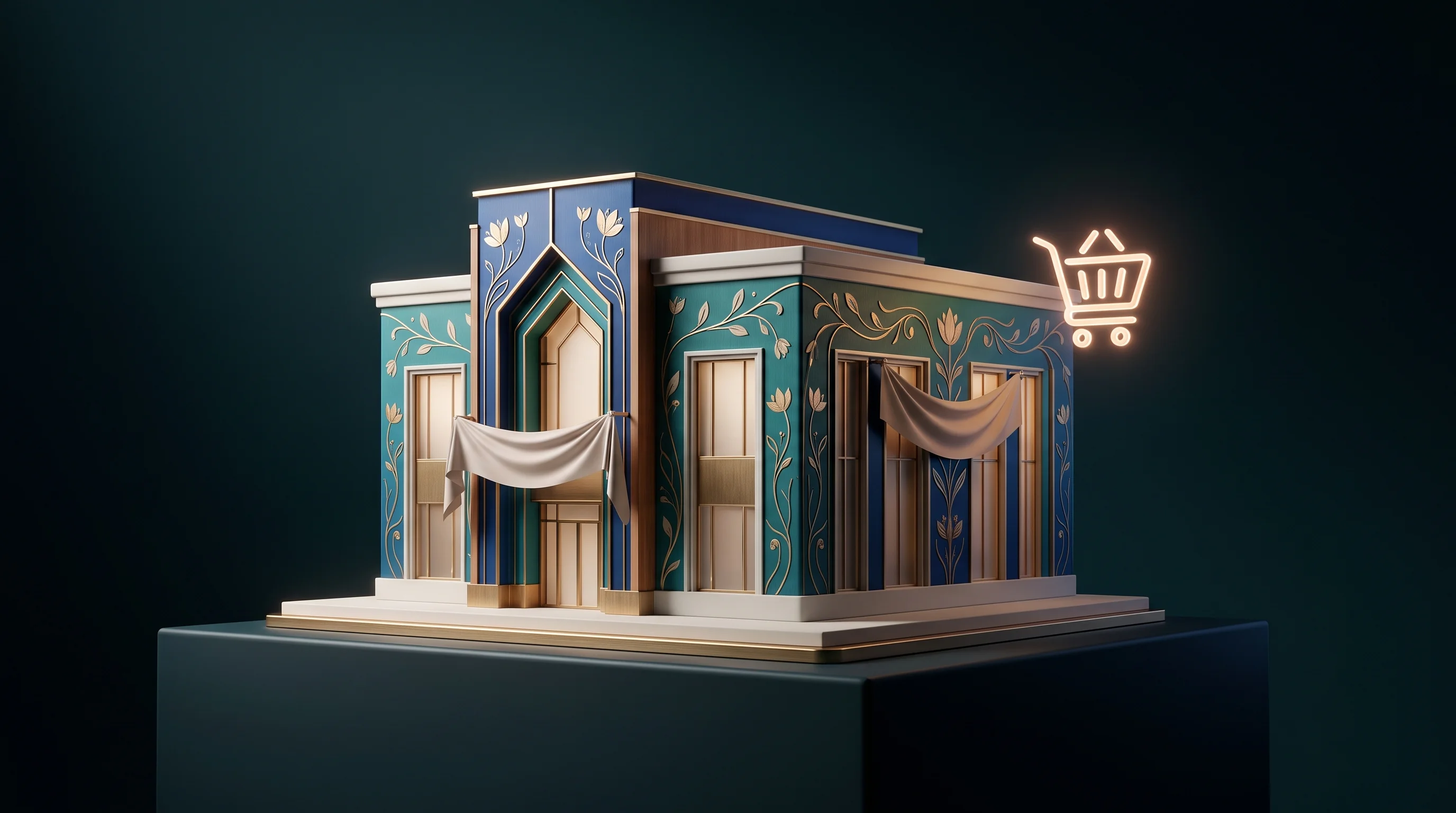 Digital illustration for article section "The Expansion Math—Optimistic, Perhaps Inevitably" in "PlayBlue Raises $2.7M to Build India's Omnichannel Sports Retail Chain" - A conceptual, minimalist architectural scale model of a grand modern retail flagship store resting e...