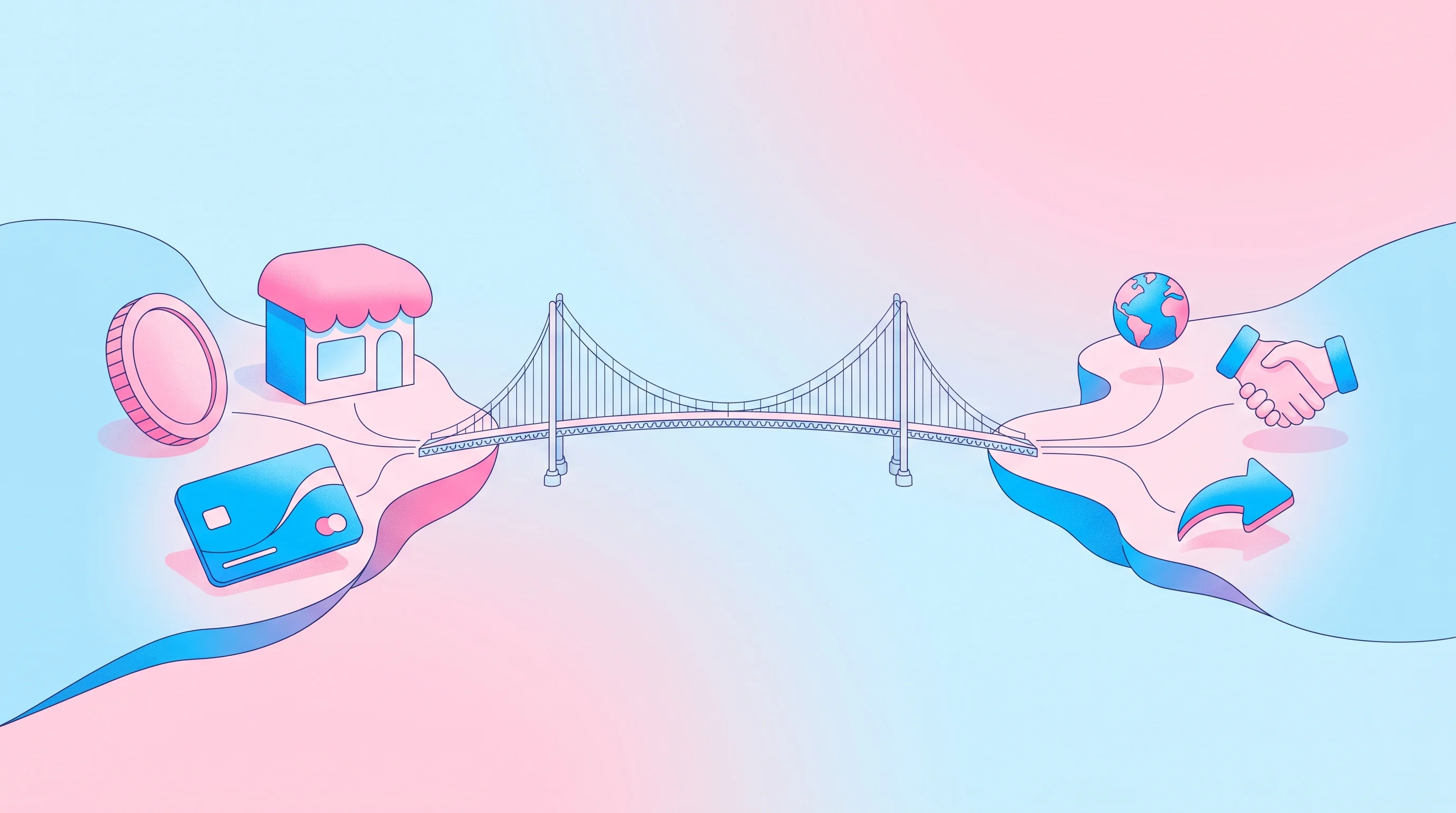 Digital illustration for article section "What BR-DGE Actually Does" in "BR-DGE Raises £10M as Transactions Surge 15x in Two Years" - A single, elegant suspension bridge crafted from fine, precise linework serves as the strong central...