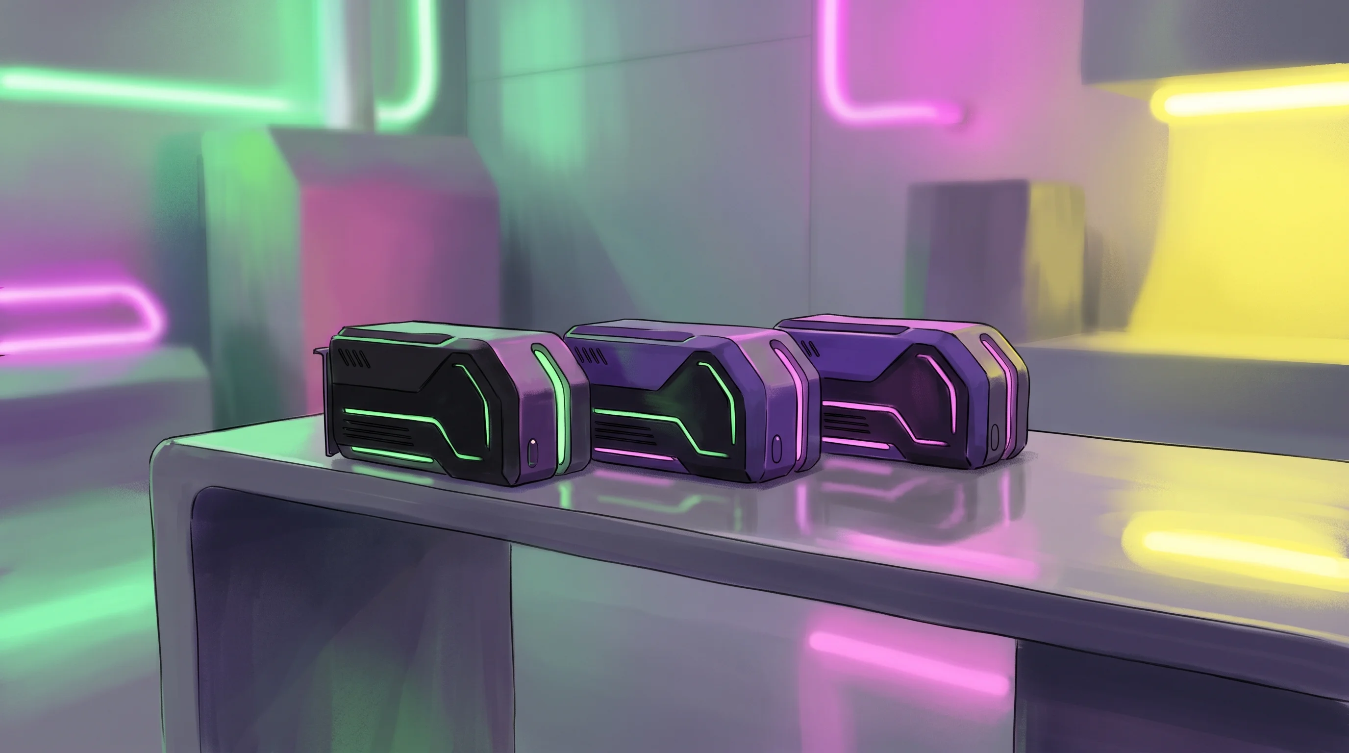 Digital illustration for article section "The Experimentation Thesis" in "How a YC Startup Plans to Sell Humanoid Robots for Under $1,500" - Three sleek, modern hardware units resting on a clean, minimalist testing workbench in an empty cont...