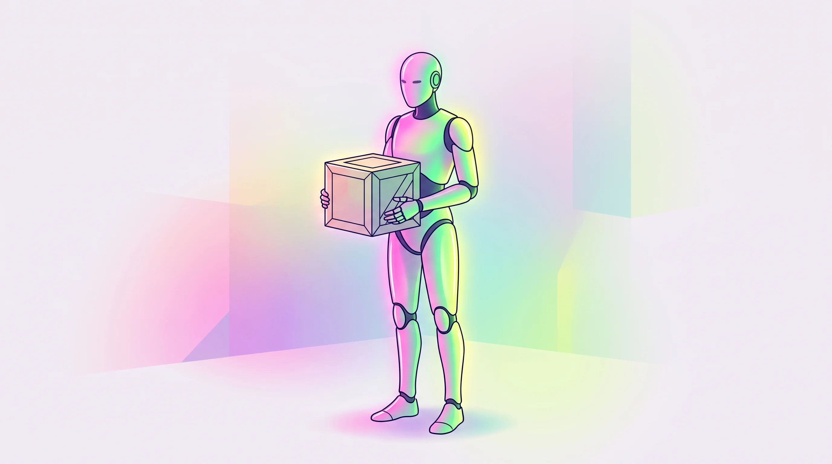 Digital illustration for article section "The Platform Question" in "How a YC Startup Plans to Sell Humanoid Robots for Under $1,500" - A sleek, minimalist humanoid robot stands as the solitary focal point in a clean, soft, and unclutte...