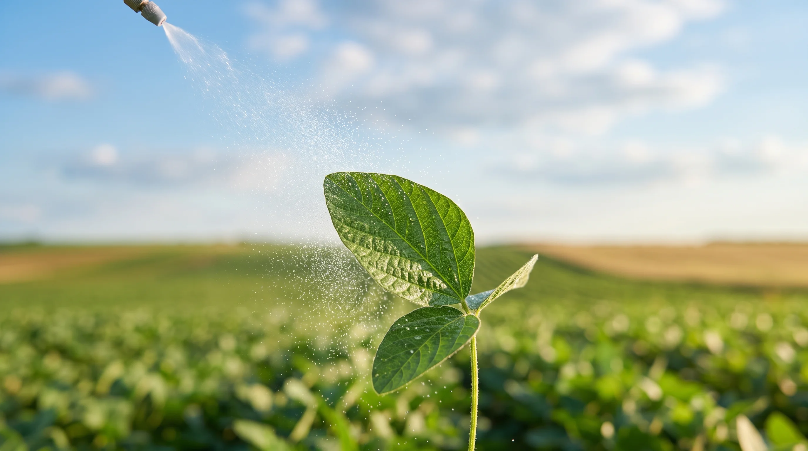Digital illustration for article section "Converging Pressures" in "How Precision Biopesticides Are Saving Bees While Killing Pests" - A clean, minimal composition focusing on a single, vibrant green crop leaf receiving a delicate, hig...