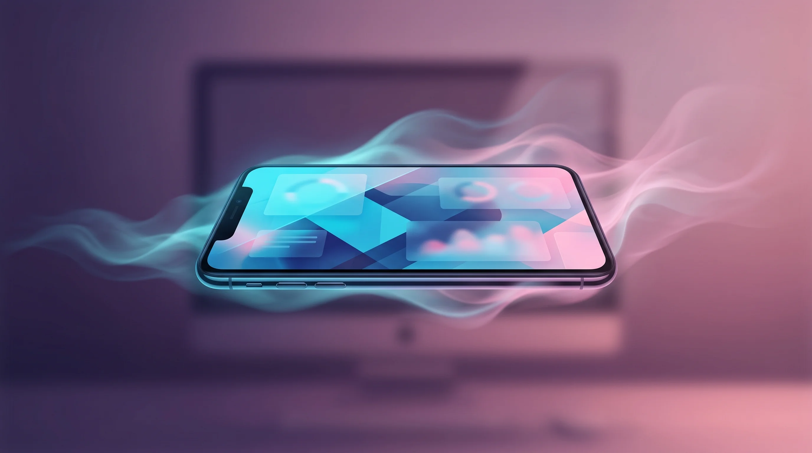 Digital illustration for article section "Expansion Beyond the Desktop" in "Cursor Scales AI Development Tools with Enterprise Team Features" - A sleek, modern smartphone floating elegantly in the center of a clean, minimalist composition, acti...