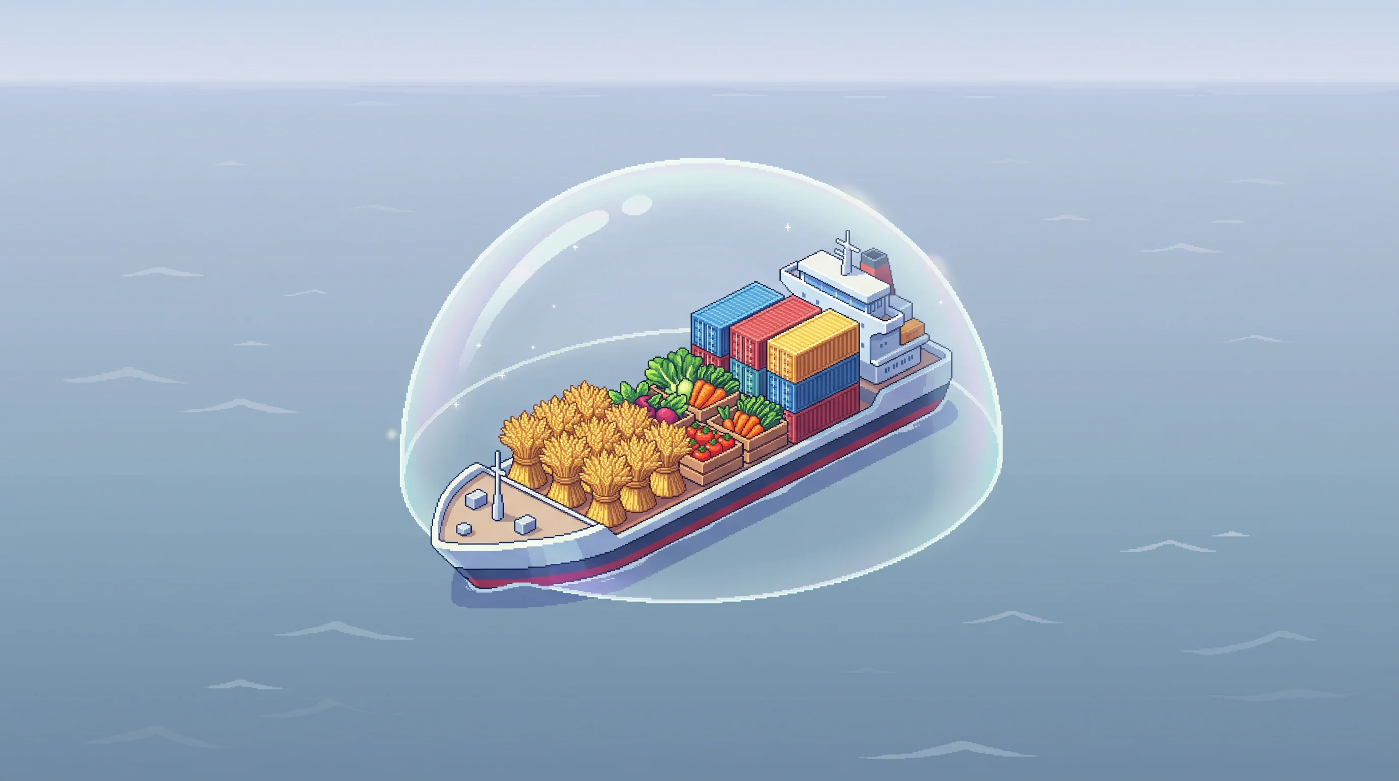 Digital illustration for article section "Why an Insurer Cares About Agri-Trade" in "Maalexi Raises $2.8M Led by Saudi Insurer for Agri Exchange" - A top-down isometric perspective of a single, stylized cargo vessel navigating calm, minimalist wate...