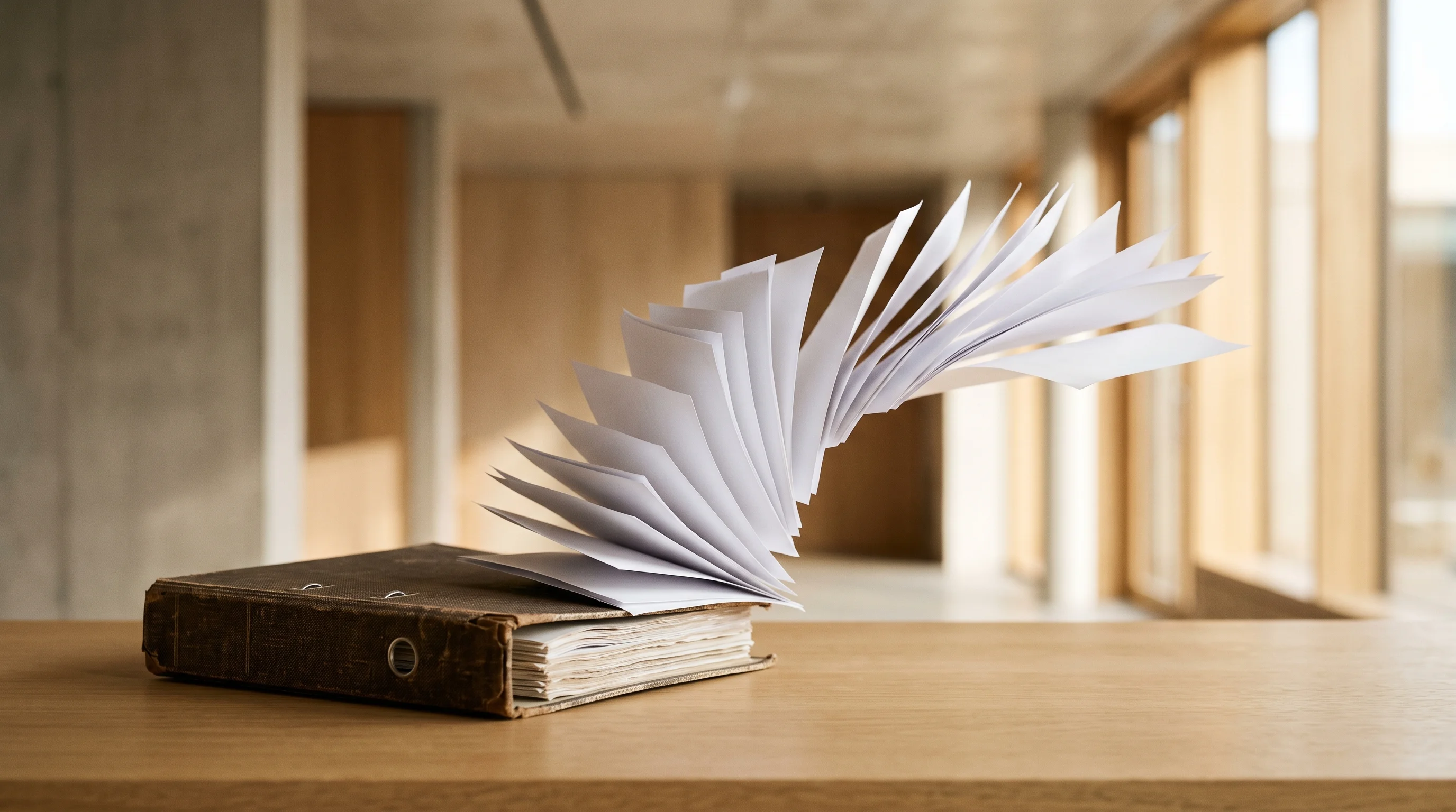 Digital illustration for article section "Building a Corpus, One Binder at a Time" in "Bluetail's AI Takes On Aviation's $80B Paper Records Problem" - A striking, conceptual still-life image of a single, thick, vintage physical binder resting on a sle...