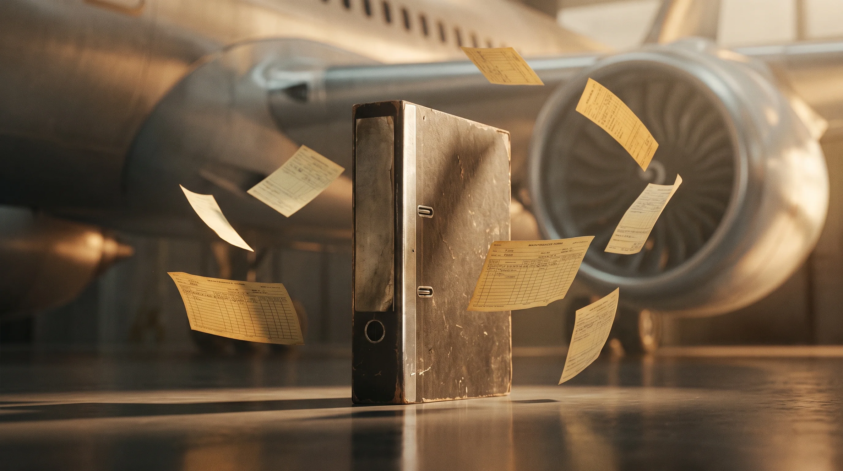 Digital illustration for article section "The $80 Billion Binder Economy" in "Bluetail's AI Takes On Aviation's $80B Paper Records Problem" - A clean, minimal, and highly conceptual composition featuring a monumental, oversized physical maint...