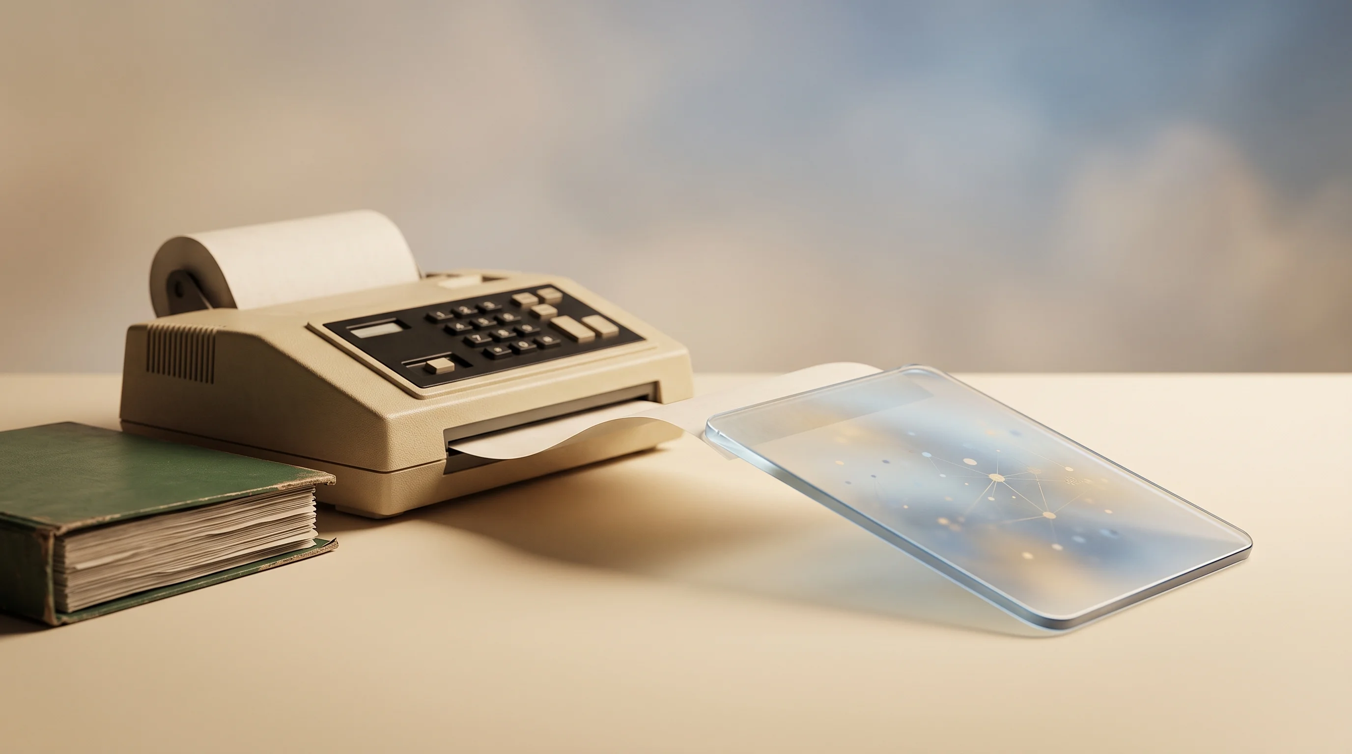 Digital illustration for article section "The Vertical SaaS Playbook, Written in Ink and Fax Toner" in "Bluetail's AI Takes On Aviation's $80B Paper Records Problem" - A clean, minimalist conceptual still-life featuring a heavy, vintage 1970s fax machine and a thick p...
