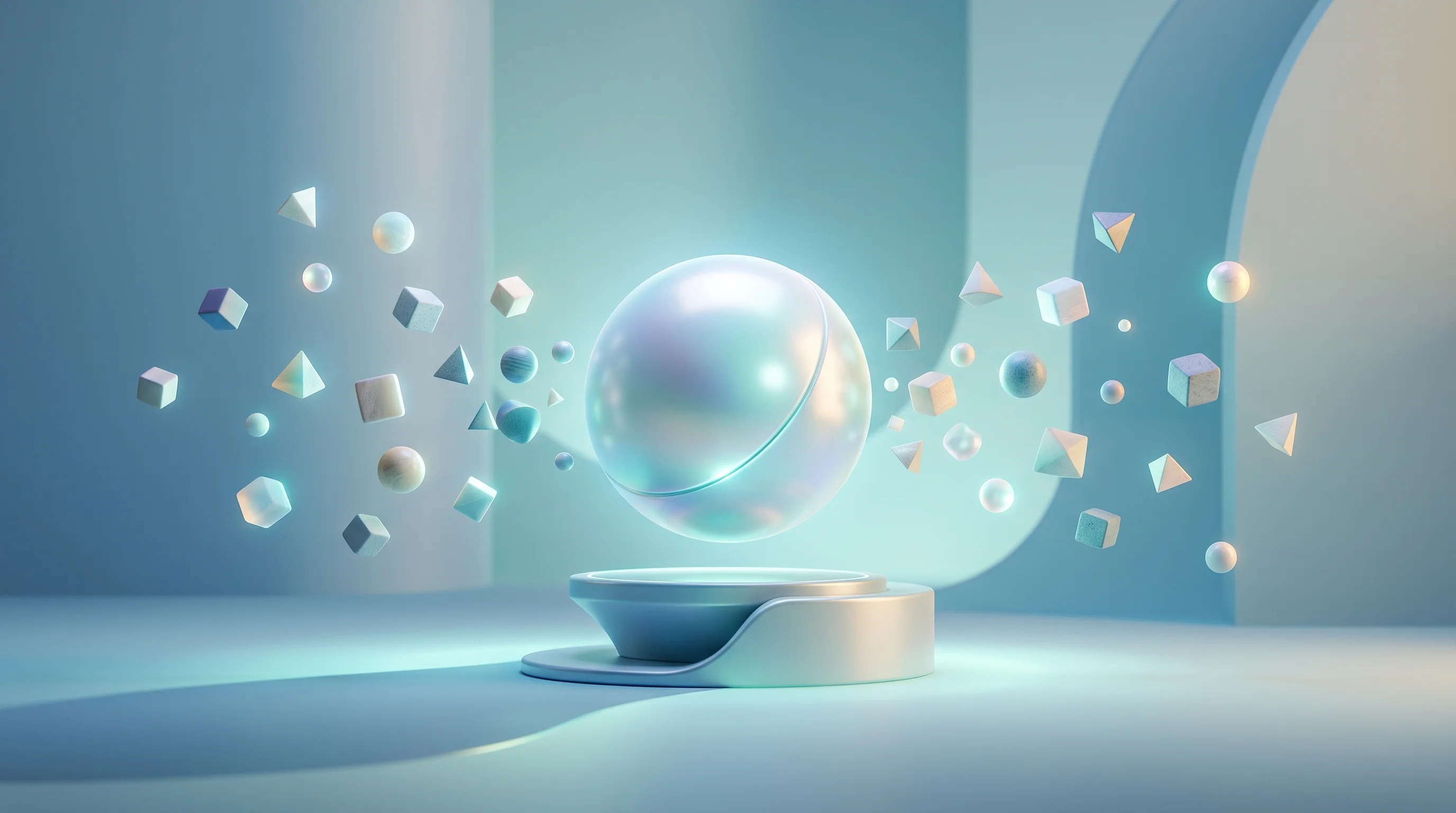 Digital illustration for article section "The Product: CRM Data Enrichment Meets AI Agents" in "Floqer Raises $2M Pre-Seed for AI-Powered CRM Data Platform" - A conceptual 3D illustration of an autonomous customer knowledge base, represented by a pristine, sm...