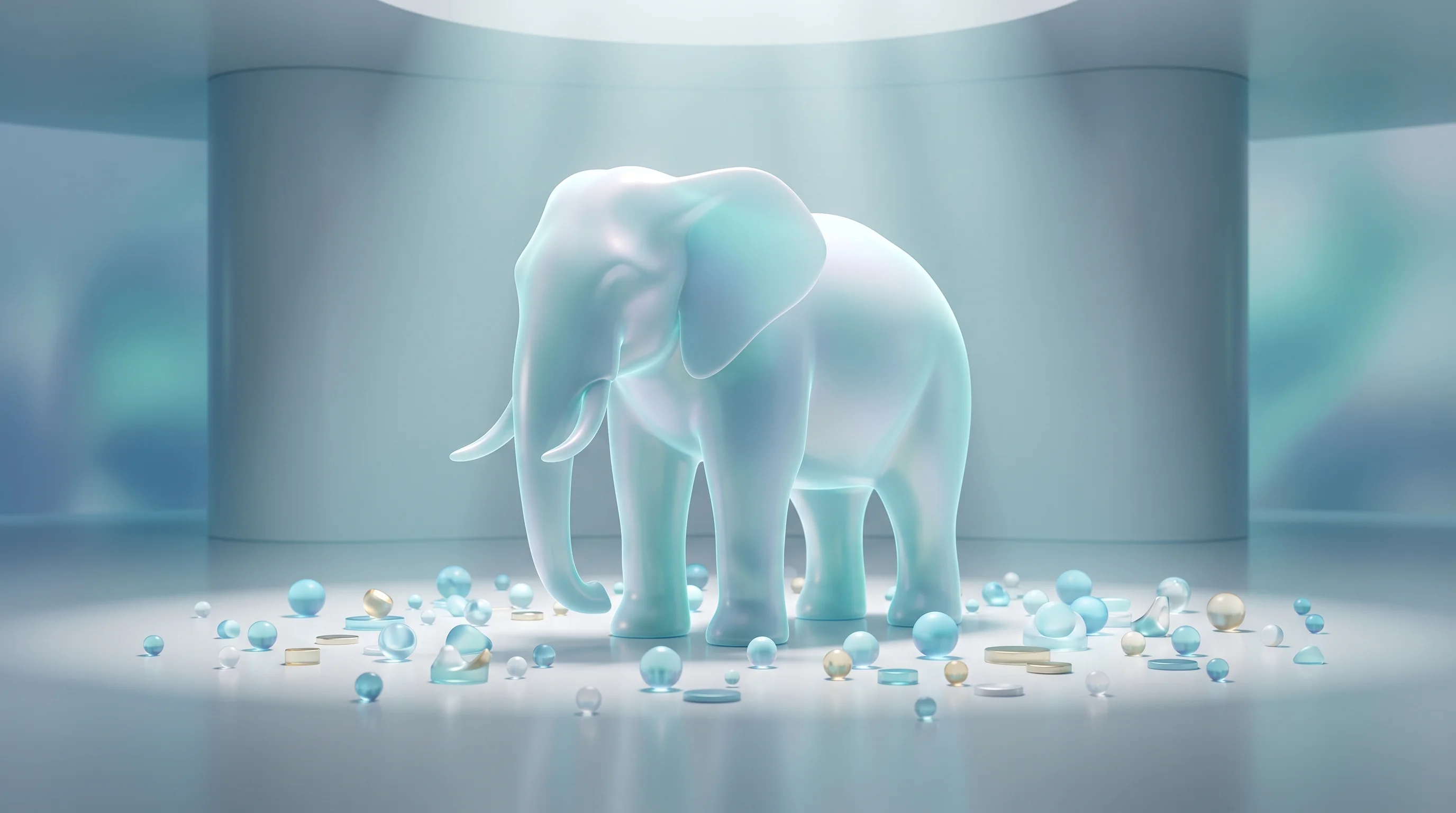 Digital illustration for article section "A Crowded Space, With One Clear Giant" in "Floqer Raises $2M Pre-Seed for AI-Powered CRM Data Platform" - A massive, stylized, abstract 3D elephant crafted from a smooth, luminescent material stands powerfu...