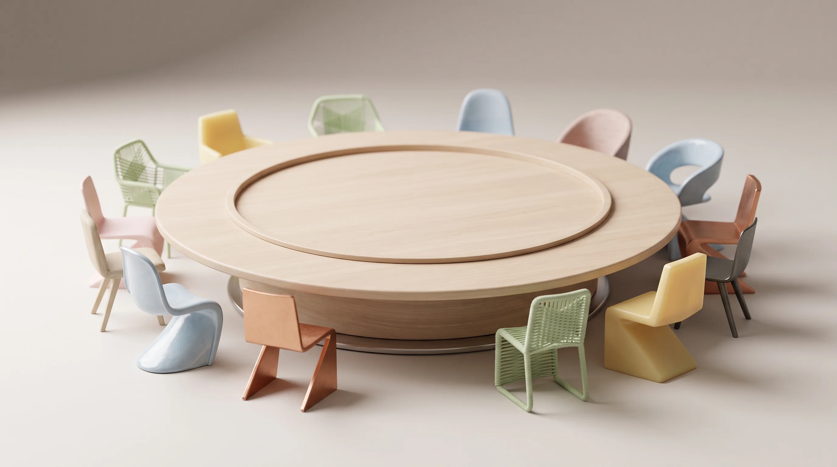 Digital illustration for article section "Who's at the Table" in "Signapse's £2M Seed Powers AI Sign Language Translation at Scale" - A conceptual, minimalist 3D miniature model of a sleek, modern circular boardroom table representing...