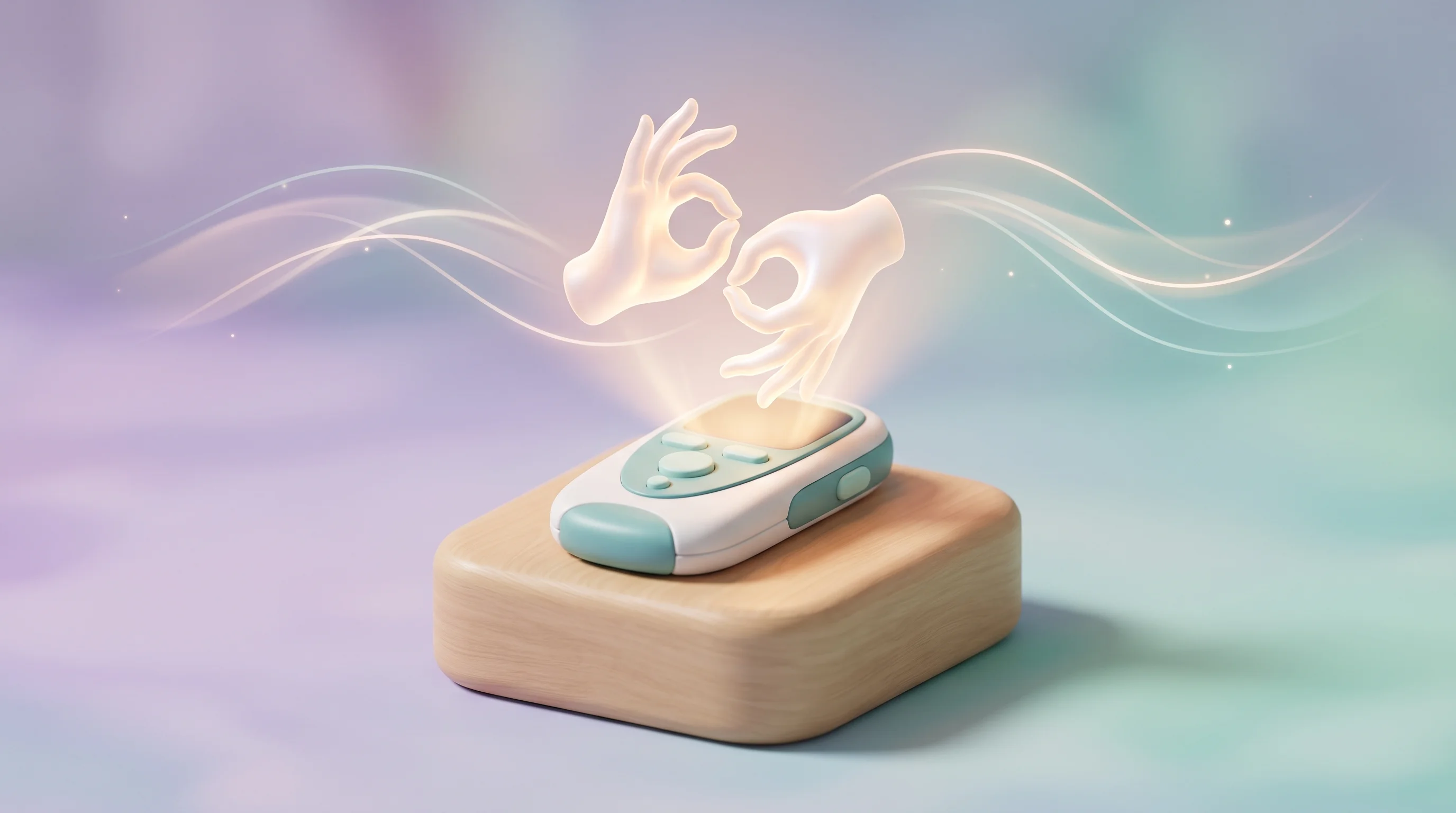 Digital illustration for article section "What Happens Next" in "Signapse's £2M Seed Powers AI Sign Language Translation at Scale" - A beautifully crafted 3D miniature model of a modern museum display pedestal resting in a soft, uncl...