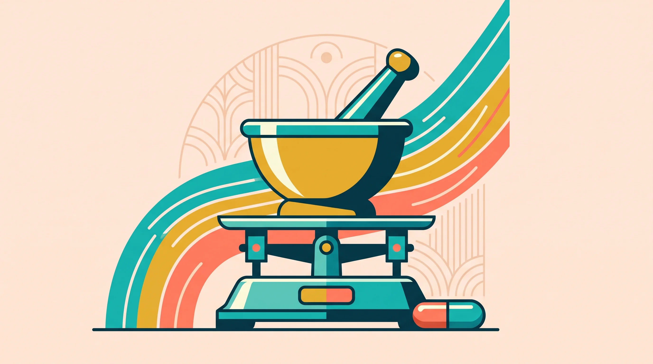 Digital illustration for article section "Following the Regulatory Tailwinds" in "CurifyLabs Raises $14M to Automate Personalized Medicine Production" - A clean and minimal conceptual illustration featuring a sleek, stylized mortar and pestle resting pe...