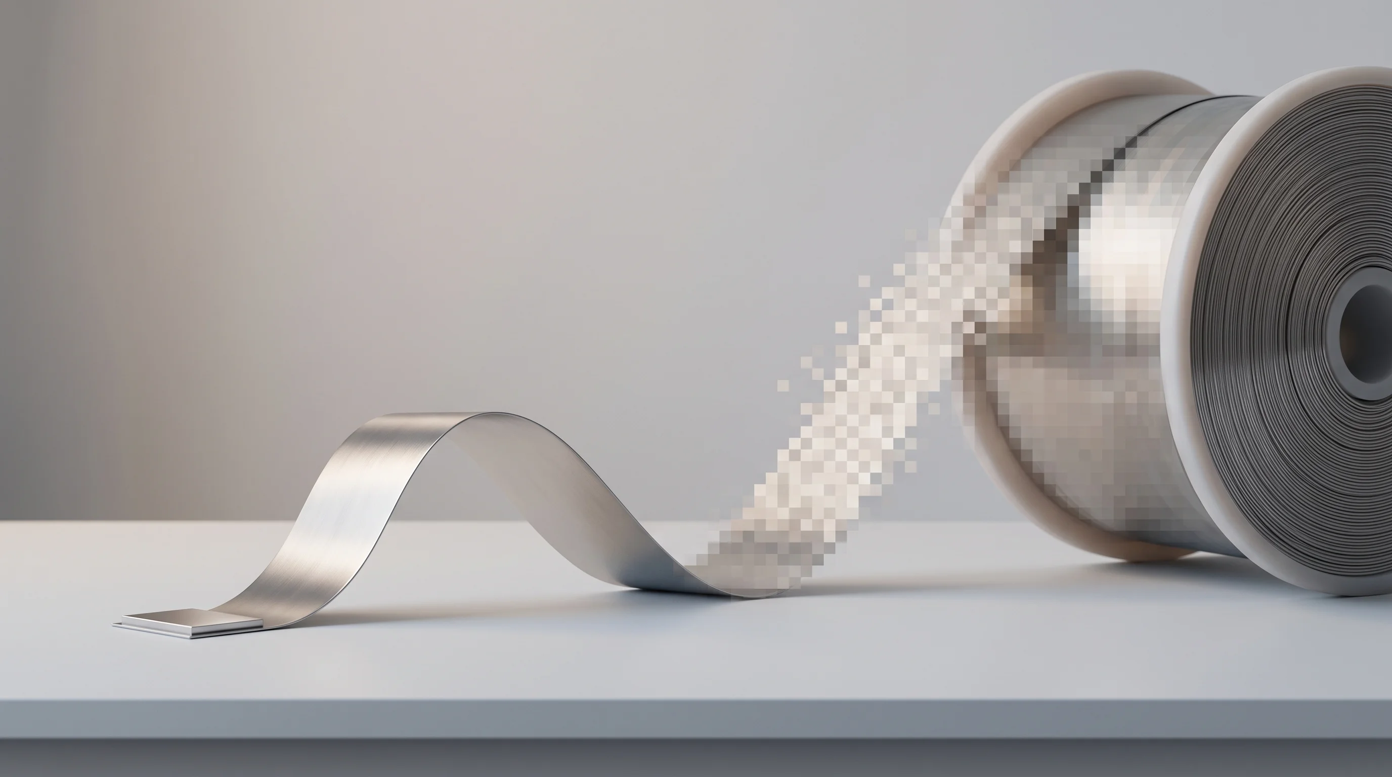 Digital illustration for article section "The Scale-Up Challenge Ahead" in "Arcturus Raises $8M Seed to Infuse Carbon Nanomaterials Into Metals" - A conceptual, minimalist composition featuring a sleek, continuous ribbon of advanced metallic mater...