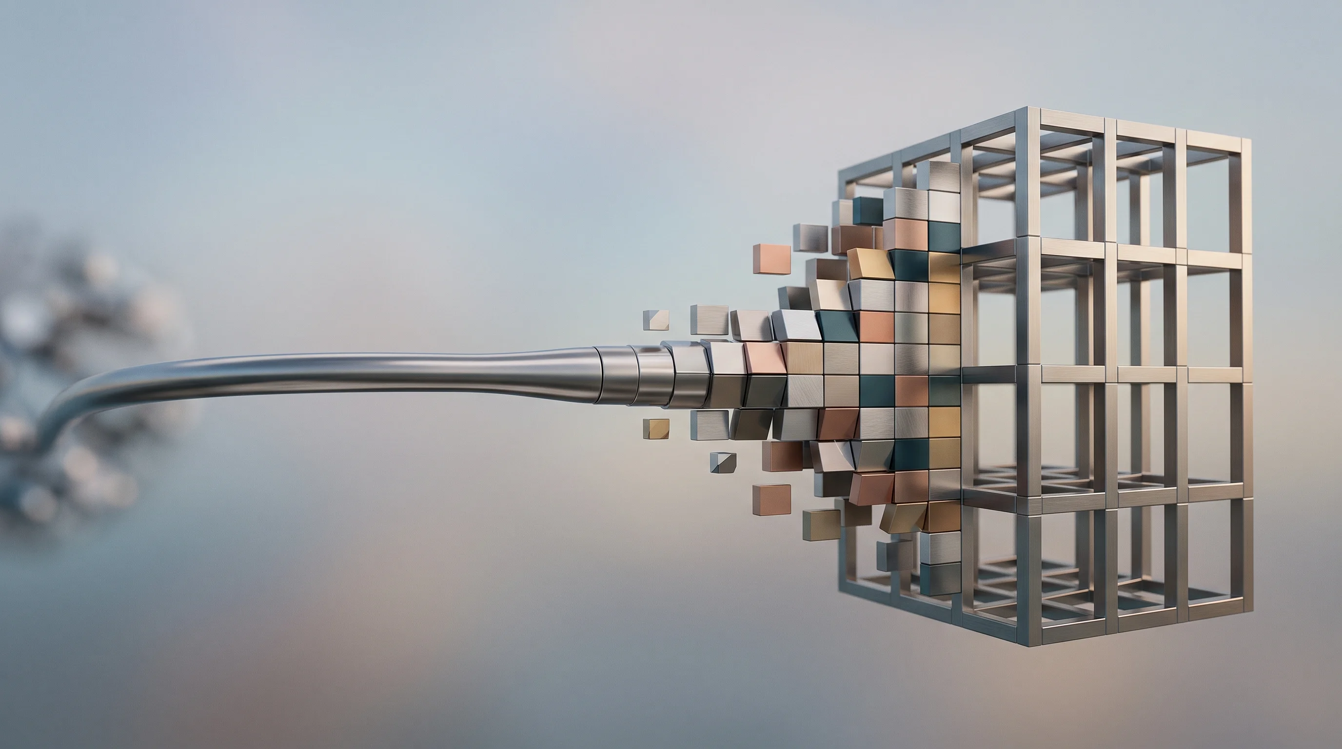Digital illustration for article section "The Road from Wire to Grid" in "Arcturus Raises $8M Seed to Infuse Carbon Nanomaterials Into Metals" - A minimalist and conceptual visualization of a sleek, advanced metallic wire smoothly expanding and ...
