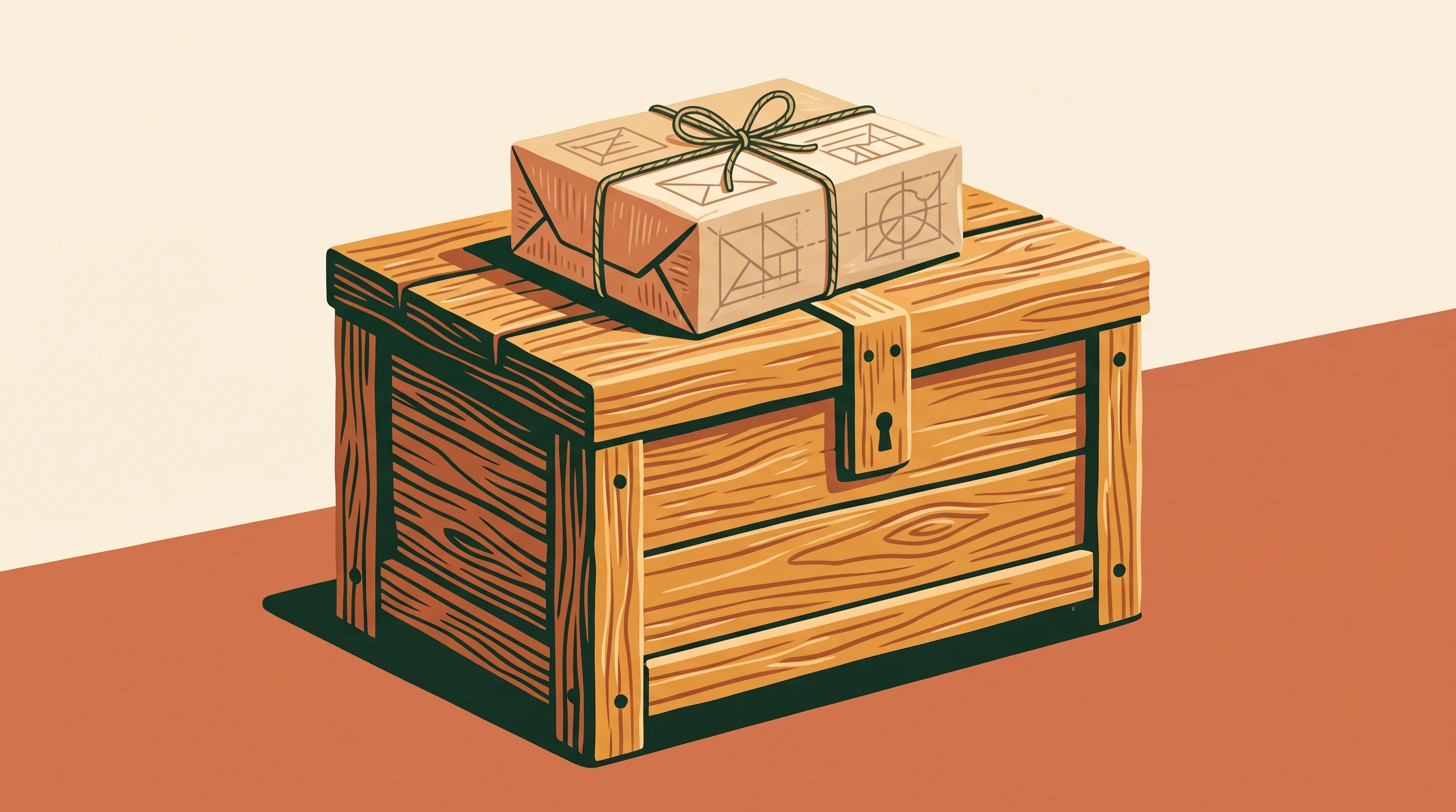 Digital illustration for article section "Local-First, No Lock-In" in "PCBJam Brings Full KiCad PCB Design Suite to the Browser via WebAssembly" - A minimal and conceptual illustration of a sturdy, handcrafted wooden chest resting firmly on a soli...