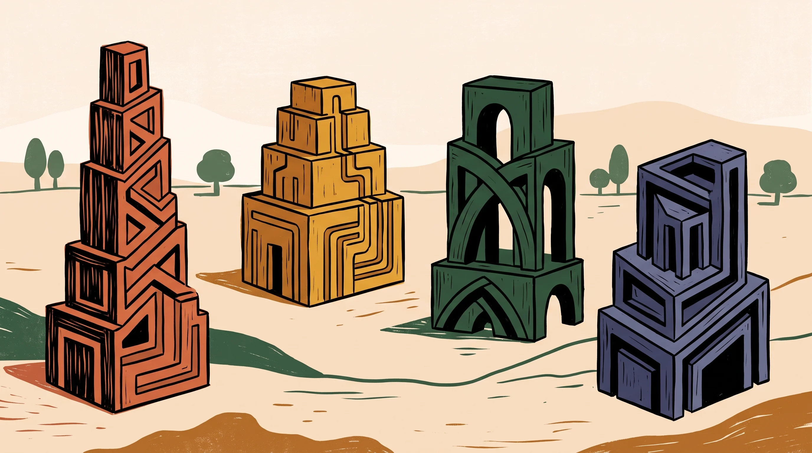 Digital illustration for article section "A Landscape Already Littered with Contenders" in "PCBJam Brings Full KiCad PCB Design Suite to the Browser via WebAssembly" - A conceptual, minimal landscape symbolizing a competitive market of design platforms, featuring a se...