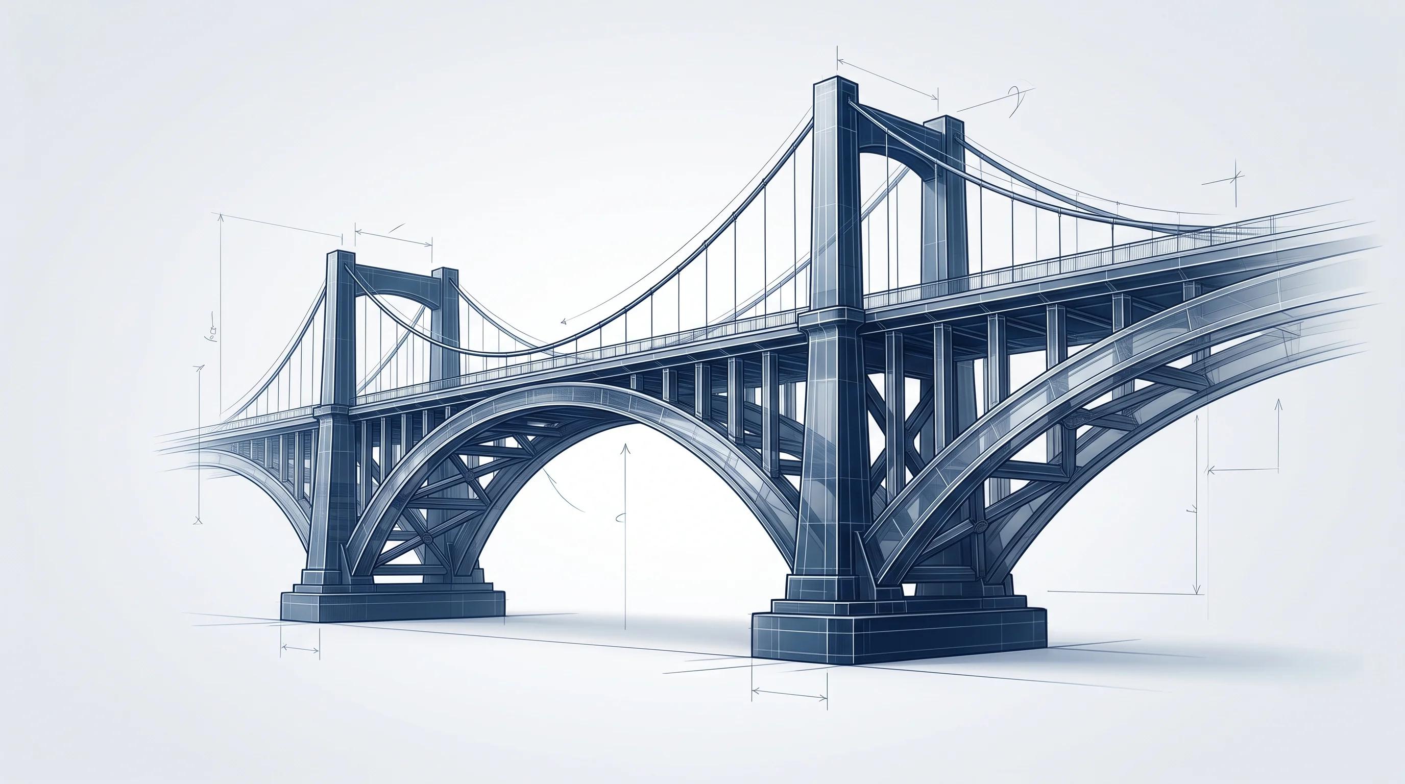 Digital illustration for article section "The Long Game" in "Verto Scales Cross-Border Payments to $25B After $10M Series A" - A minimalist and modern conceptual image featuring a sturdy, monumental architectural bridge in mid-...