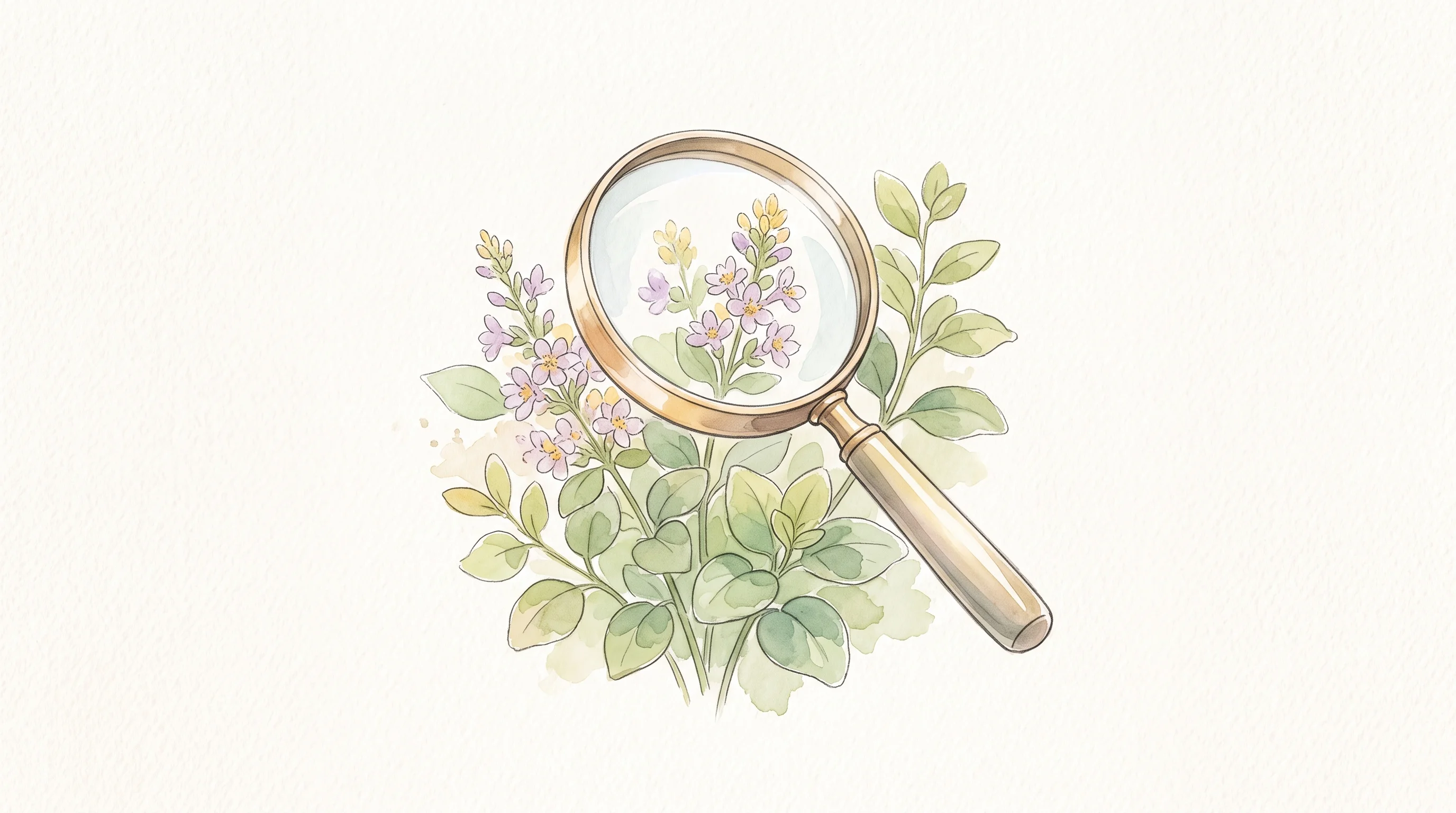 Digital illustration for article section "What's Real and What Isn't" in "Beond Ibogaine Expands to Austin Amid Psychedelic Therapy Funding Fog" - A gentle watercolor illustration of a sleek, modern magnifying glass hovering over a vibrant, bloomi...