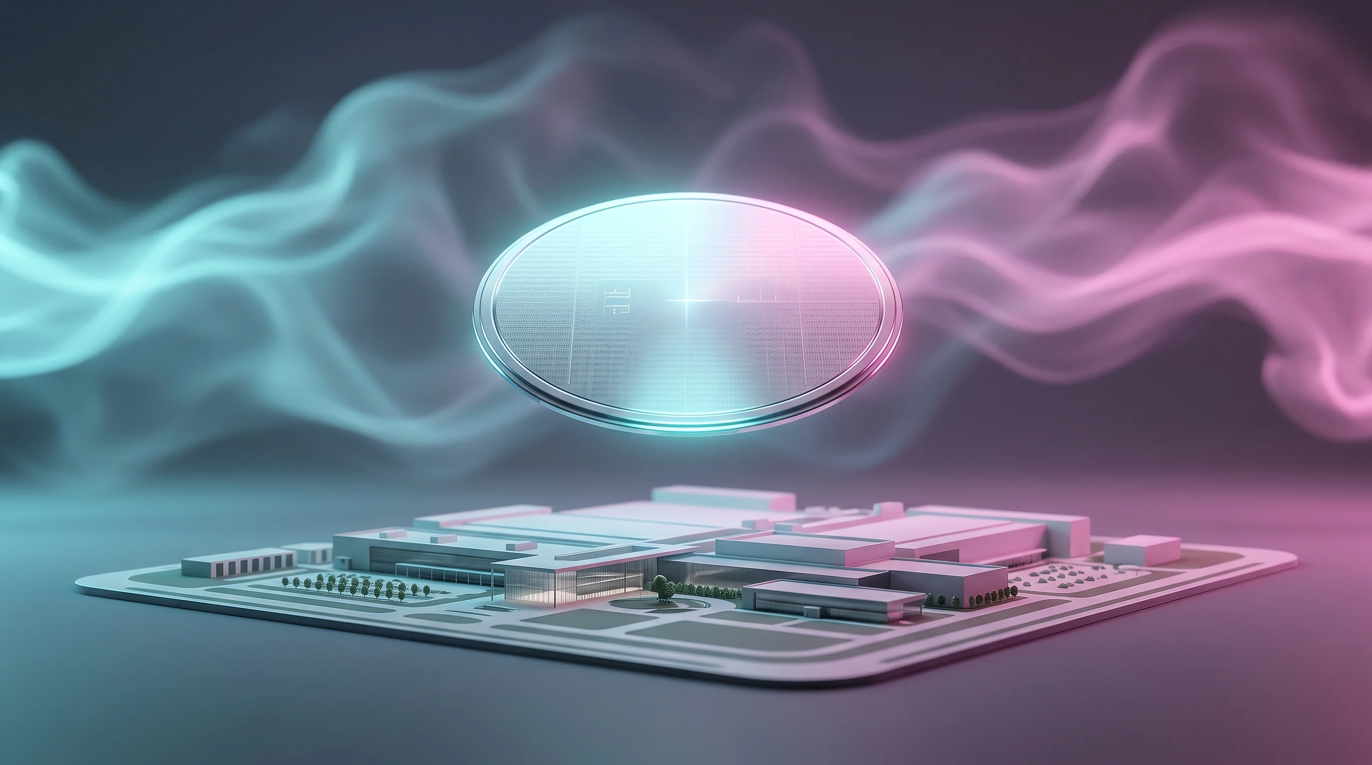 Digital illustration for article section "Texas as Testbed" in "Jim Keller's Fab2 Pivots to Manufacturing Chip Factories at Scale" - A pristine, highly polished 300mm silicon wafer hovers gracefully as the central focal point above a...