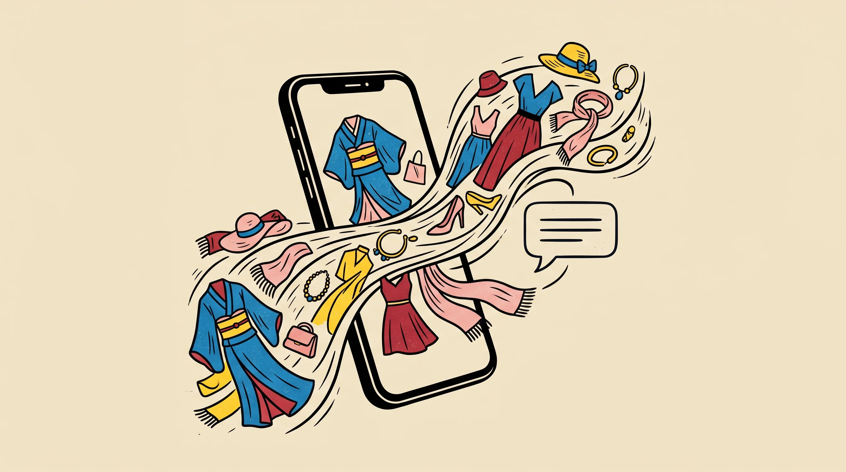 Digital illustration for article section "Discovery Over Delivery" in "Klydo Pivots to AI Fashion Feed After Quick-Commerce Pause" - A clean, minimalist conceptual artwork illustrating the theme of serendipitous fashion discovery, fe...