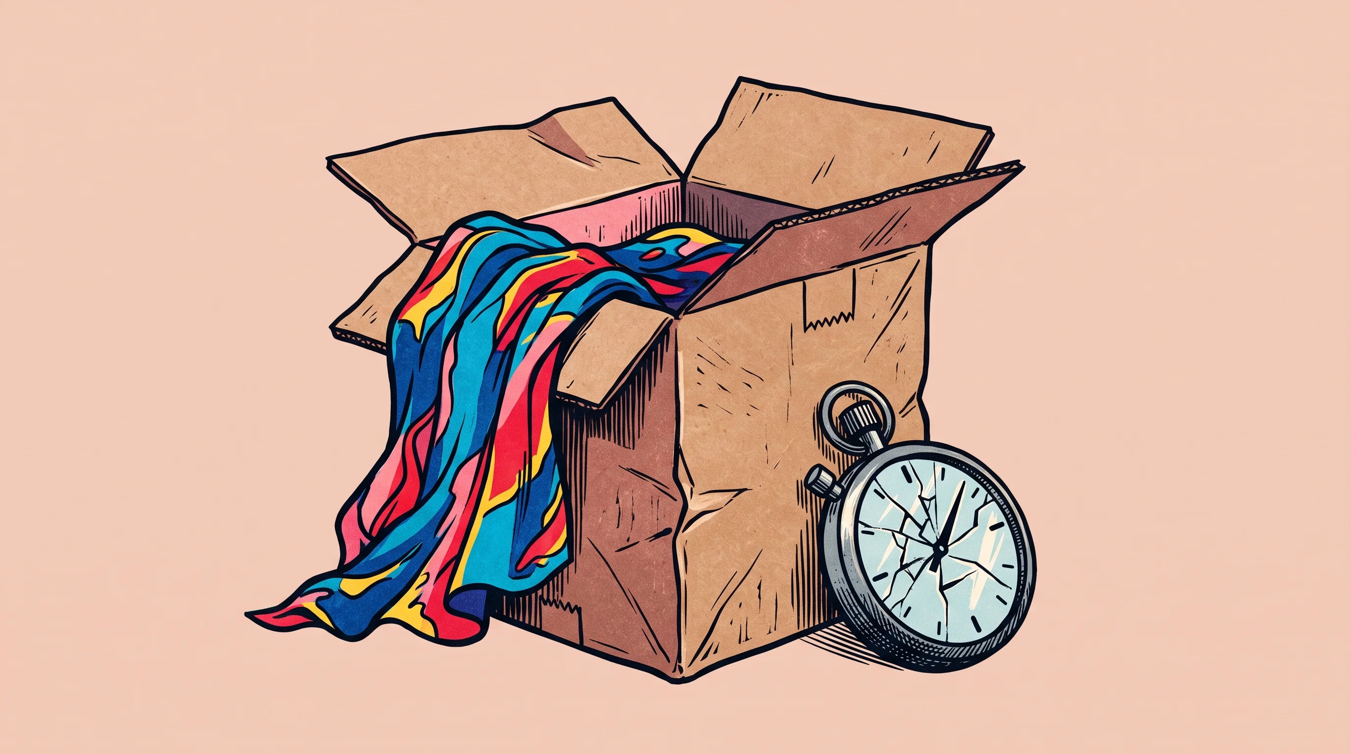 Digital illustration for article section "The Blip Problem" in "Klydo Pivots to AI Fashion Feed After Quick-Commerce Pause" - A conceptual still life representing the sudden collapse of a rapid-delivery fashion startup, featur...