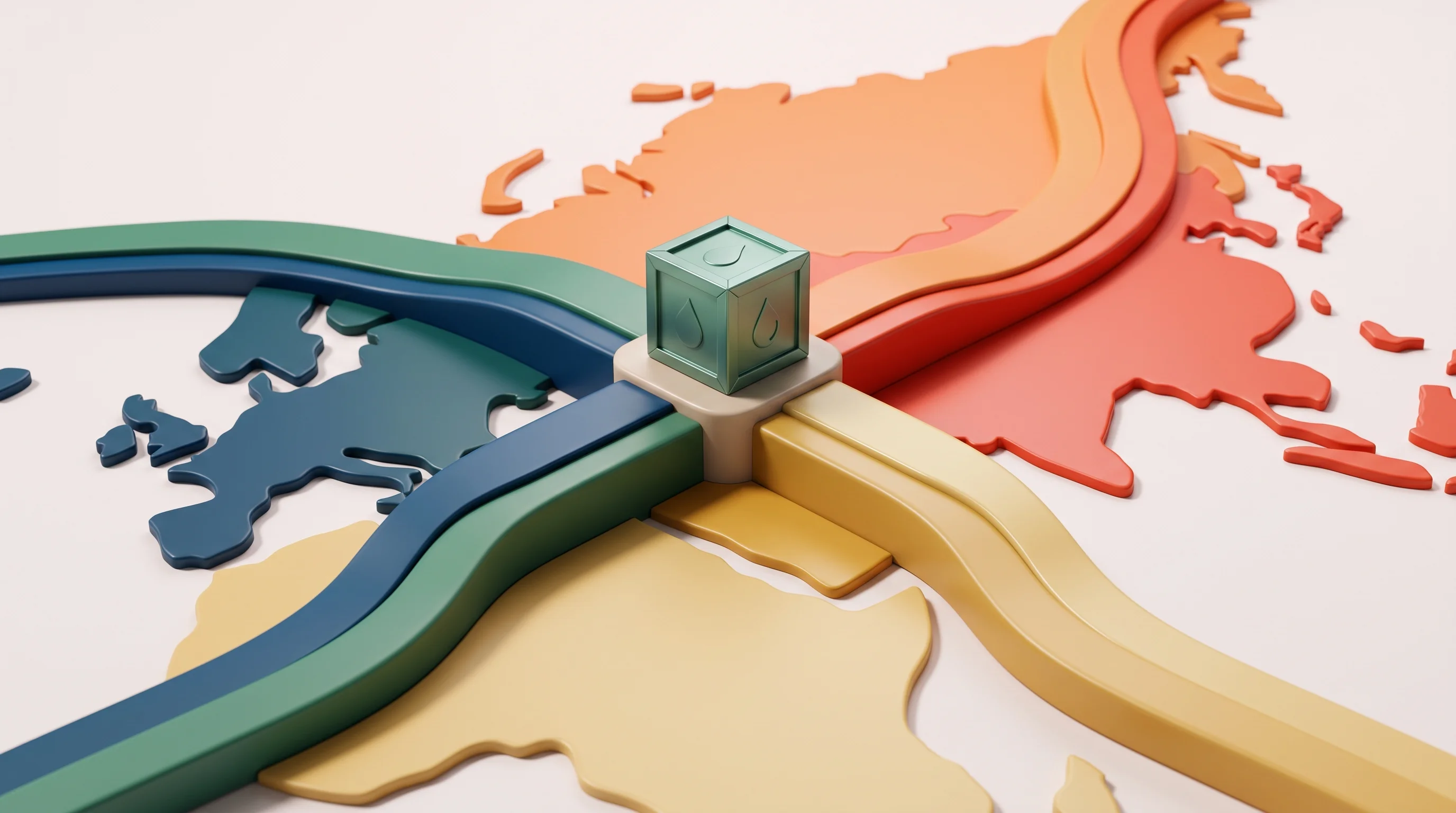 Digital illustration for article section "A Bet on Emerging Markets" in "Livzym Biotechnologies Raises $11M from Lallemand for Enzyme Production" - A clean, minimalist conceptual image representing a strategic global logistics crossroads, featuring...