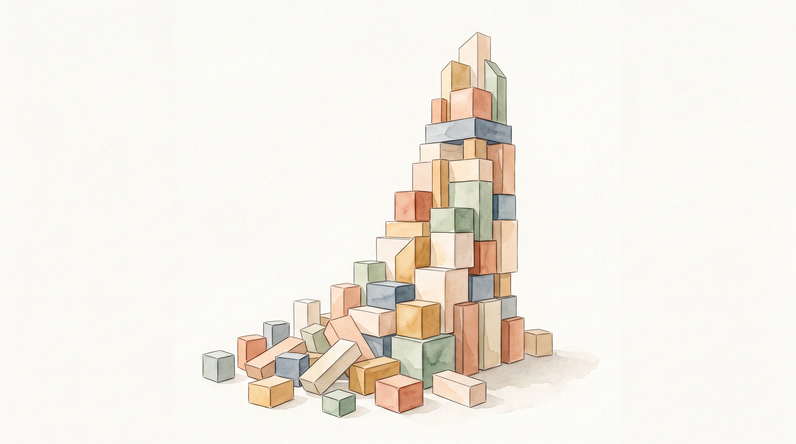 Digital illustration for article section "A Crowded, Fragmented Field" in "Agave Raises $15M Series A to Automate Construction's Financial Chaos" - A conceptual, minimalist illustration of a rising, slightly fragmented stack of clean architectural ...