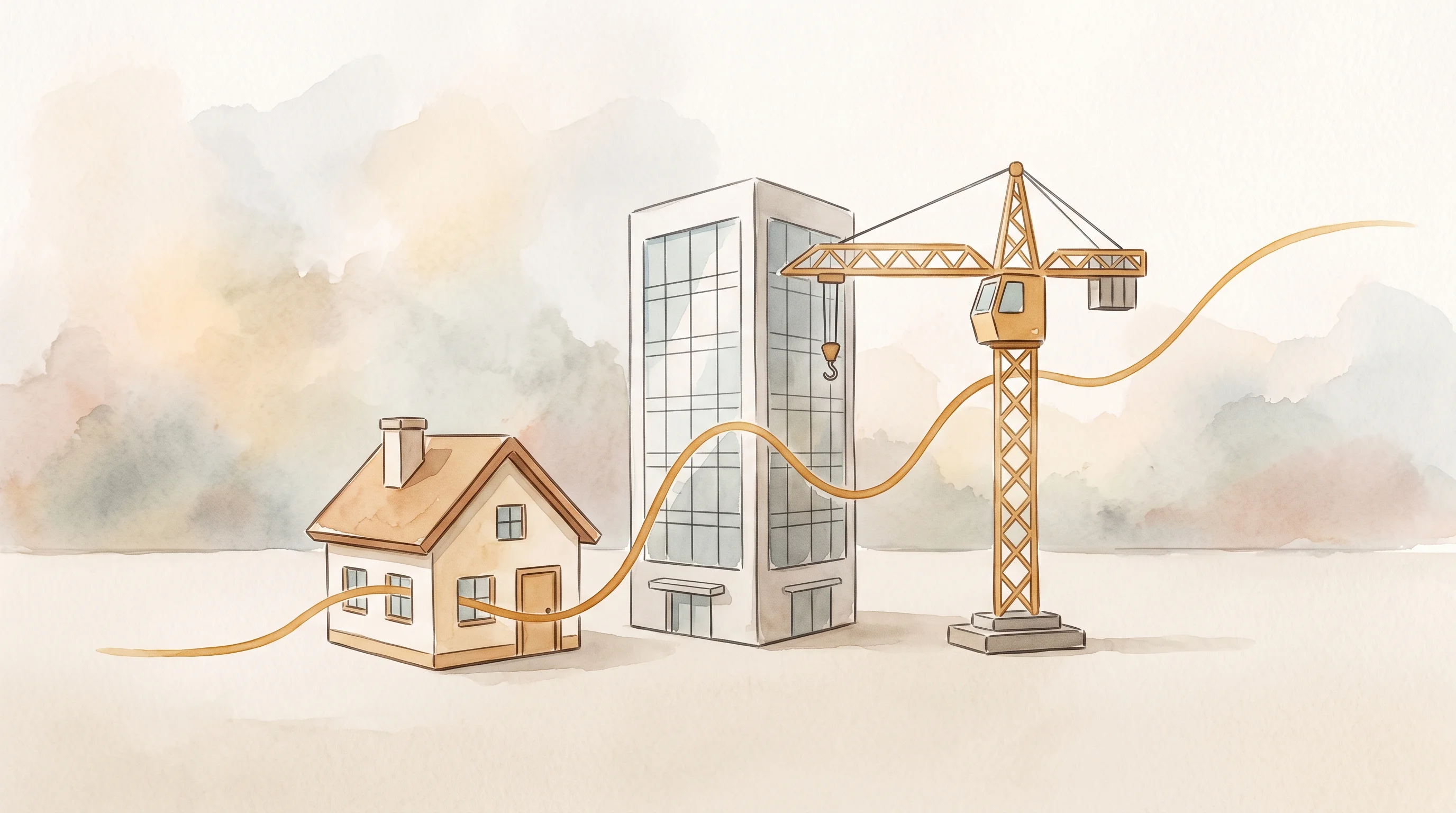 Digital illustration for article section "What Comes Next" in "Agave Raises $15M Series A to Automate Construction's Financial Chaos" - A clean, minimalist conceptual illustration depicting a small collection of varied architectural mod...
