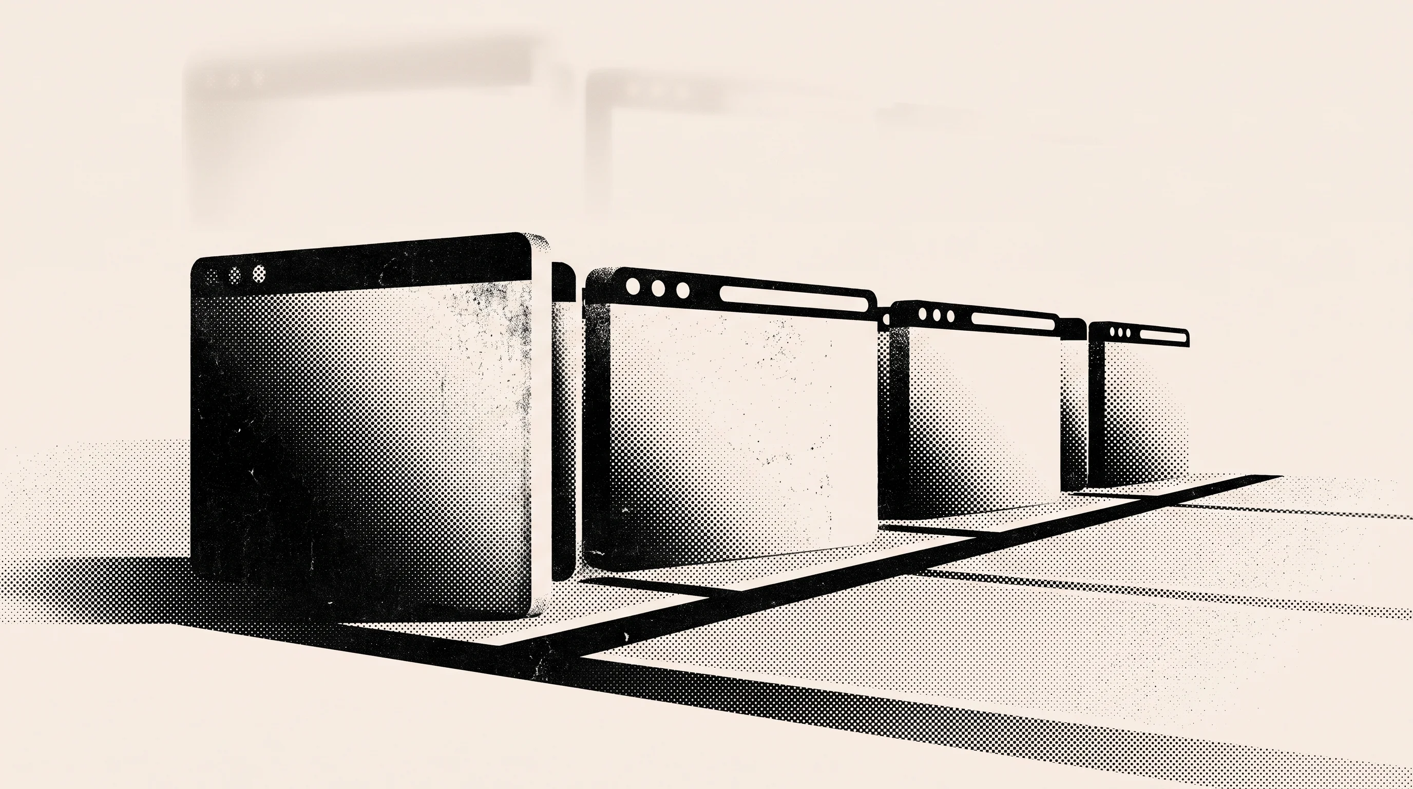 Digital illustration for article section "A Crowded Starting Line" in "YC-Backed Rindler Turns Any Website into Deterministic APIs for AI Agents" - A conceptual, minimalist representation of a crowded starting line symbolizing intense competition i...