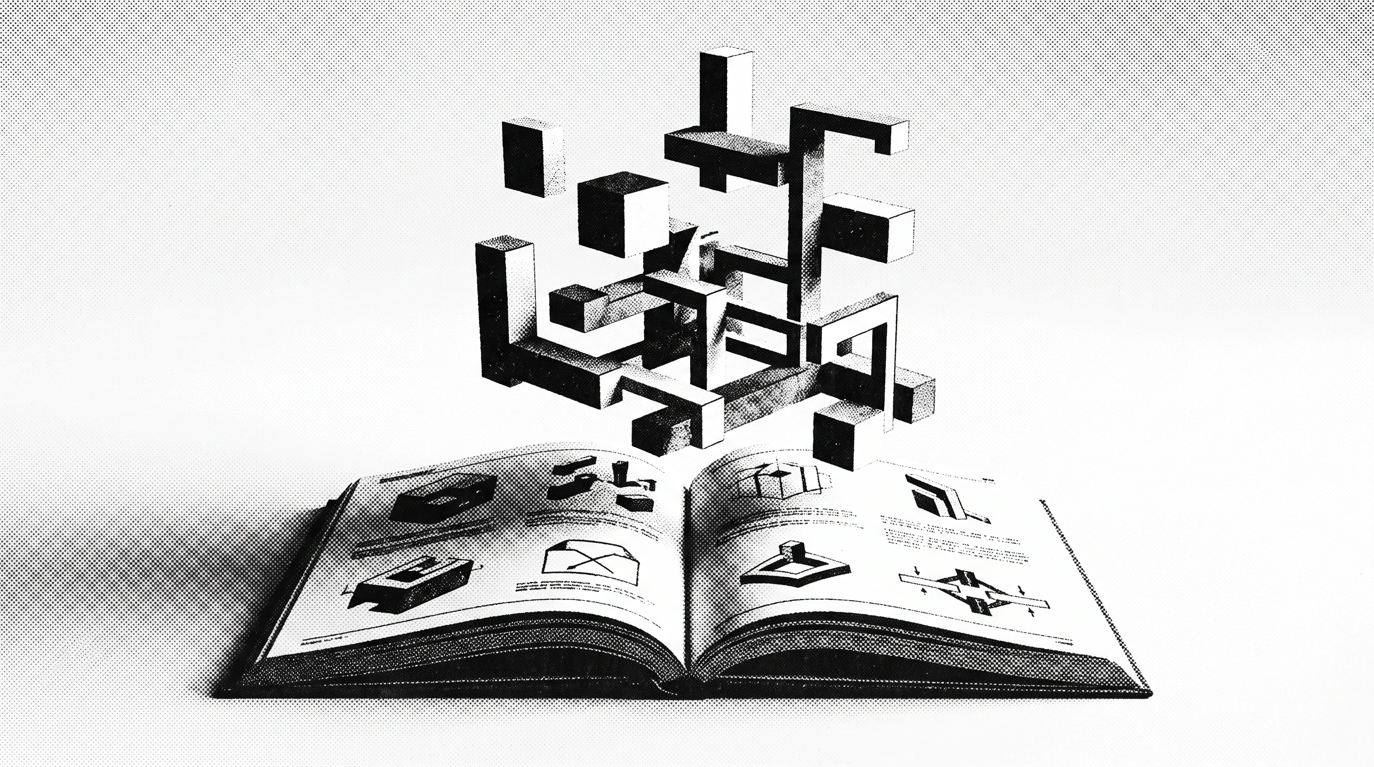 Digital illustration for article section "Infrastructure for Software That Configures Itself" in "YC-Backed Rindler Turns Any Website into Deterministic APIs for AI Agents" - A conceptual and minimalist image of a sleek, open technical manual resting on a clean surface, with...