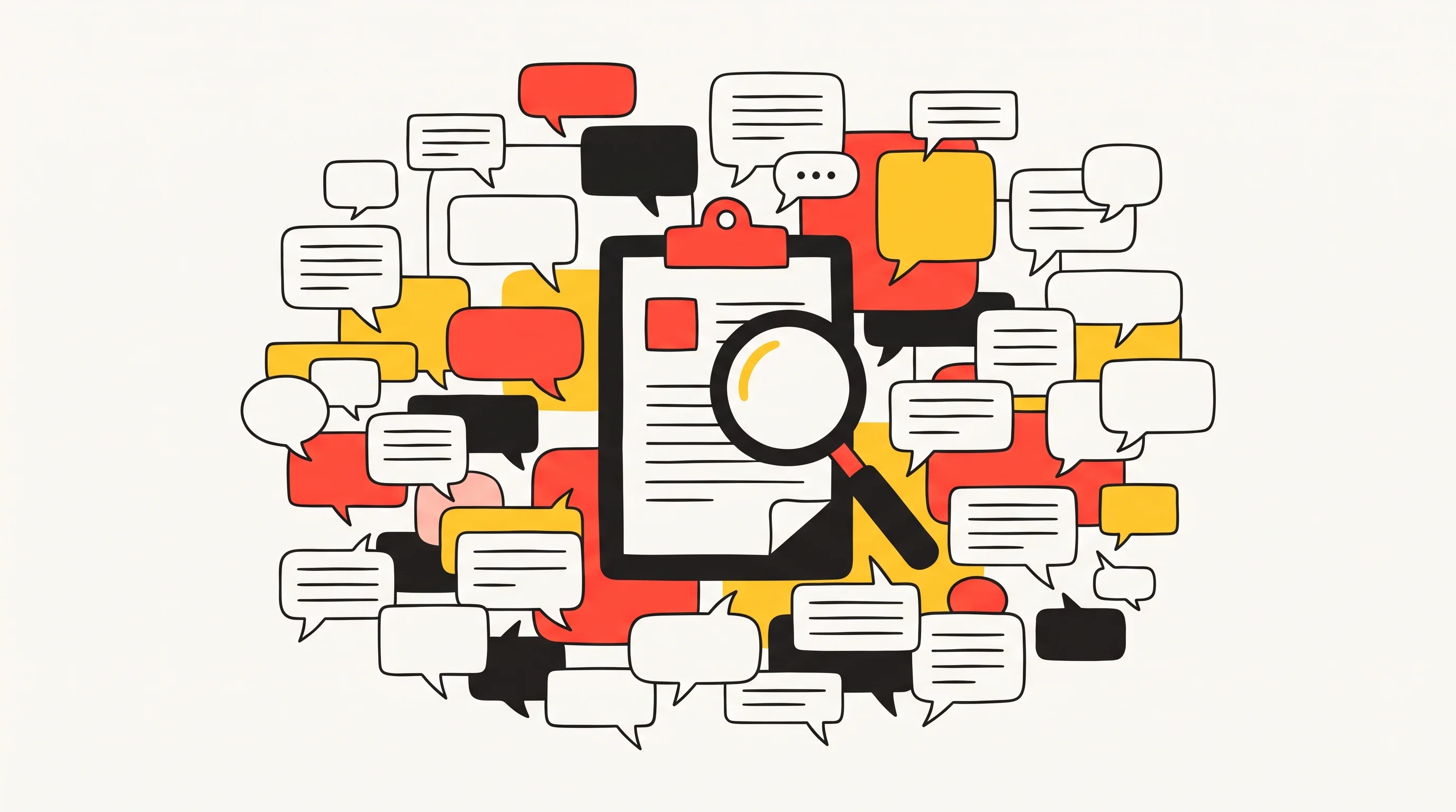 Digital illustration for article section "A Crowded, Noisy Space" in "Mira's AI Moderator Reads Emotions in Interviews as Regulations Loom" - A conceptual illustration representing a crowded and noisy market of qualitative research tools, fea...