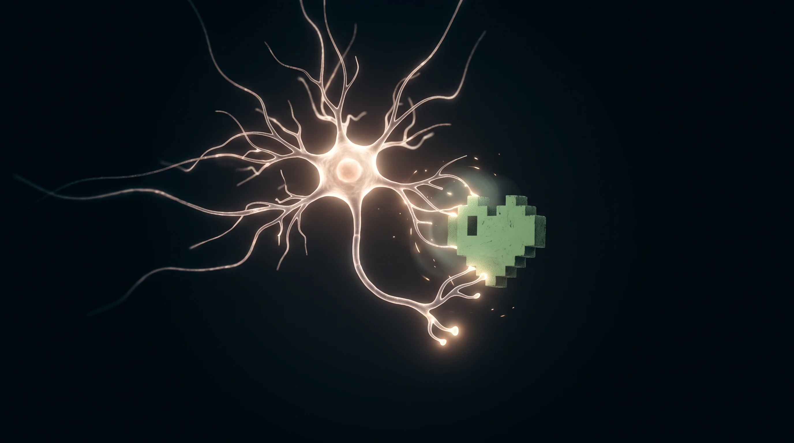 Digital illustration for article section "The Doom Moment" in "Brain Cells as AI Compute: Inside the Biocomputing Revolution" - A single, highly detailed biological neuron glowing with luminous light painting effects, suspended ...