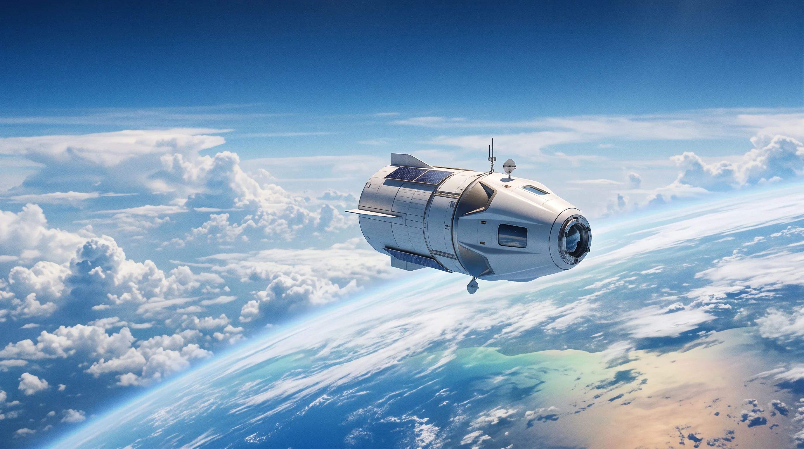 Digital illustration for article section "A Calendar Full of Launches (In Theory)" in "Exobiosphere Builds Space Drug Discovery Platform with Strategic Funding" - A sleek, modern private space station module, representing the OHTS platform aboard Haven-1, gliding...