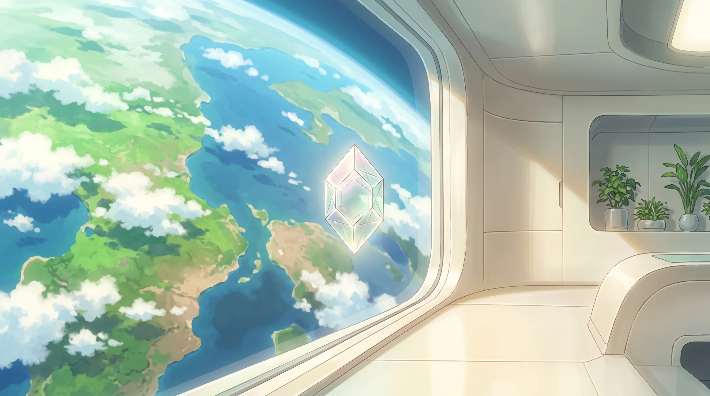 Digital illustration for article section "The Microgravity Pharmaceutical Rush" in "Exobiosphere Builds Space Drug Discovery Platform with Strategic Funding" - A delicate, glowing pharmaceutical crystal suspended in zero gravity serves as the strong central fo...