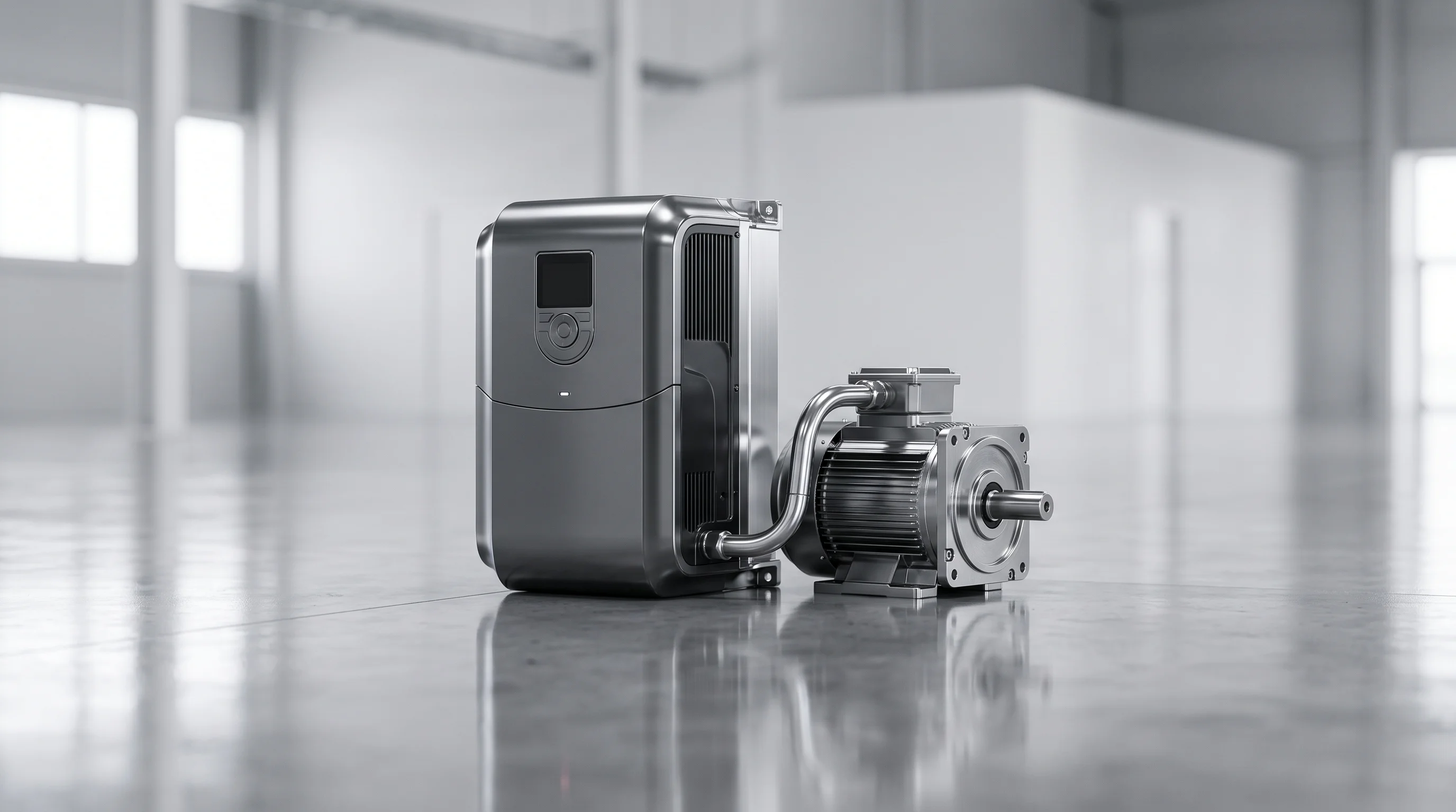 Digital illustration for article section "Three Forces Pushing AI Local" in "British Startup's Edge AI Breakthrough: 800x Efficiency for Factories" - A sleek, minimalist industrial motor and variable-frequency drive representing real-time local AI co...