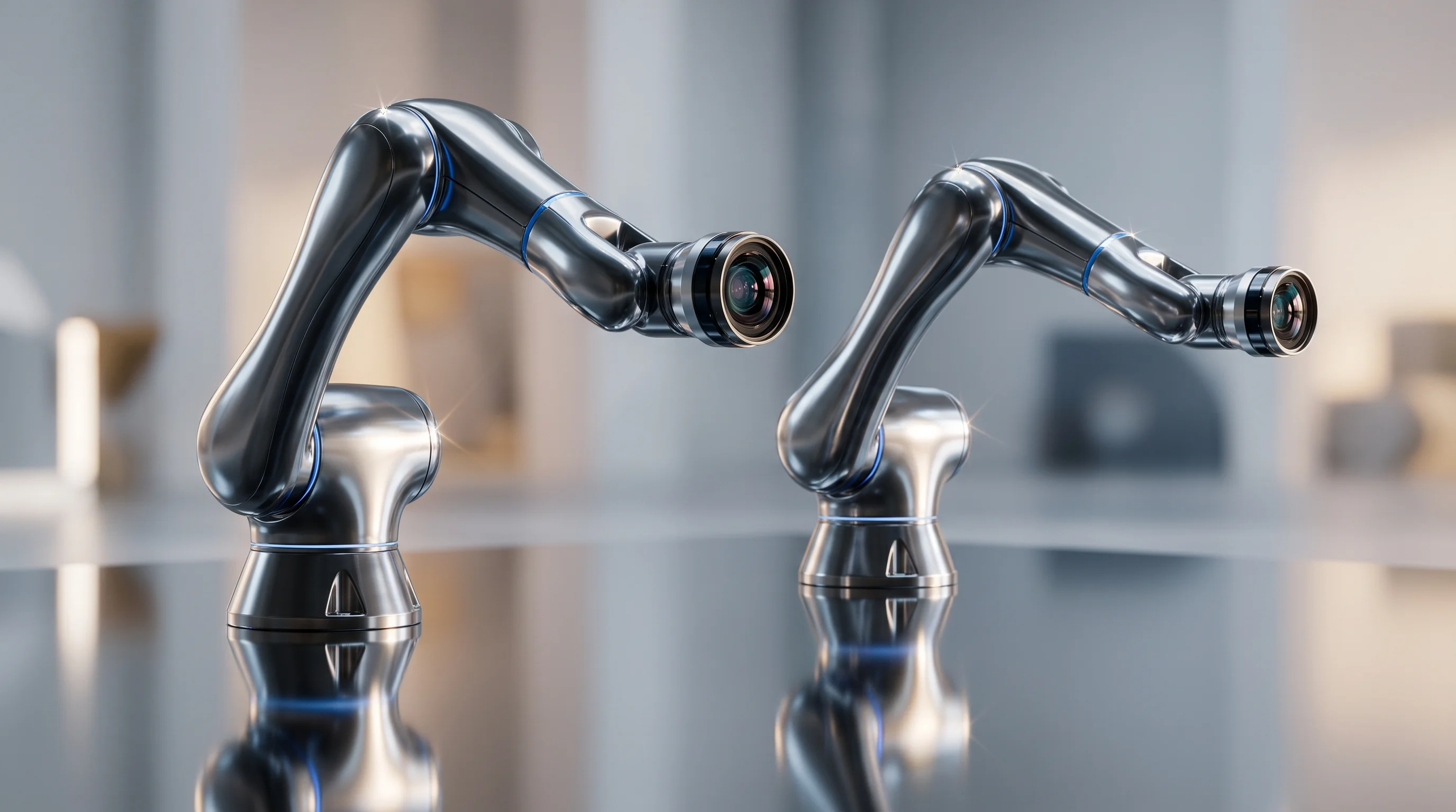 Digital illustration for article section "A Crowded, Fast-Moving Field" in "British Startup's Edge AI Breakthrough: 800x Efficiency for Factories" - A sleek, modern robotic arm equipped with a prominent, sophisticated vision sensor lens moves gracef...