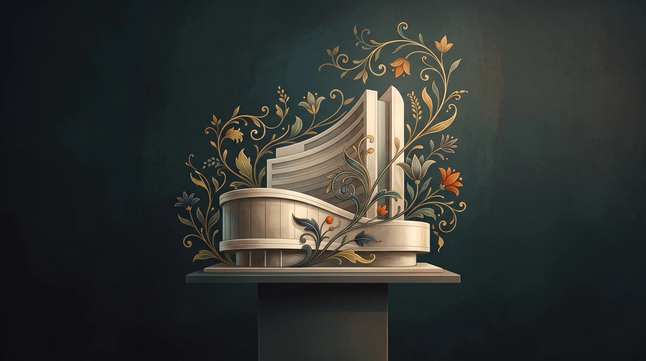 Digital illustration for article section "What Happens Next" in "Cambridge's Worldmodeldata Raises £7M to Turn Gaming into AI Data" - A sleek, modern architectural model of a curved, contemporary building resting on a minimalist pedes...