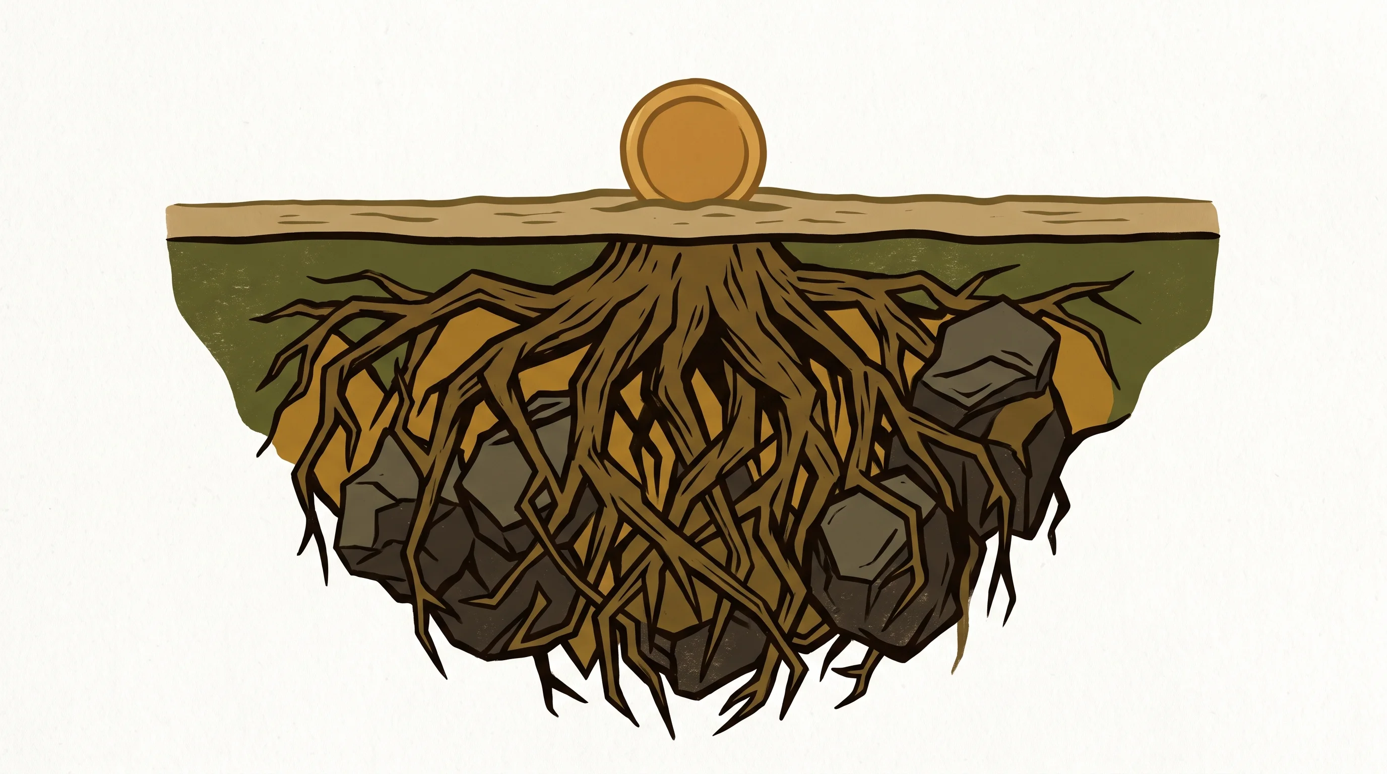 Digital illustration for article section "The Complexity Beneath the Surface" in "KriptoK Adds Perpetual Futures in Wallet Derivatives Push" - A minimal, conceptual cross-section illustration depicting a calm, flat earthy ground with a single,...