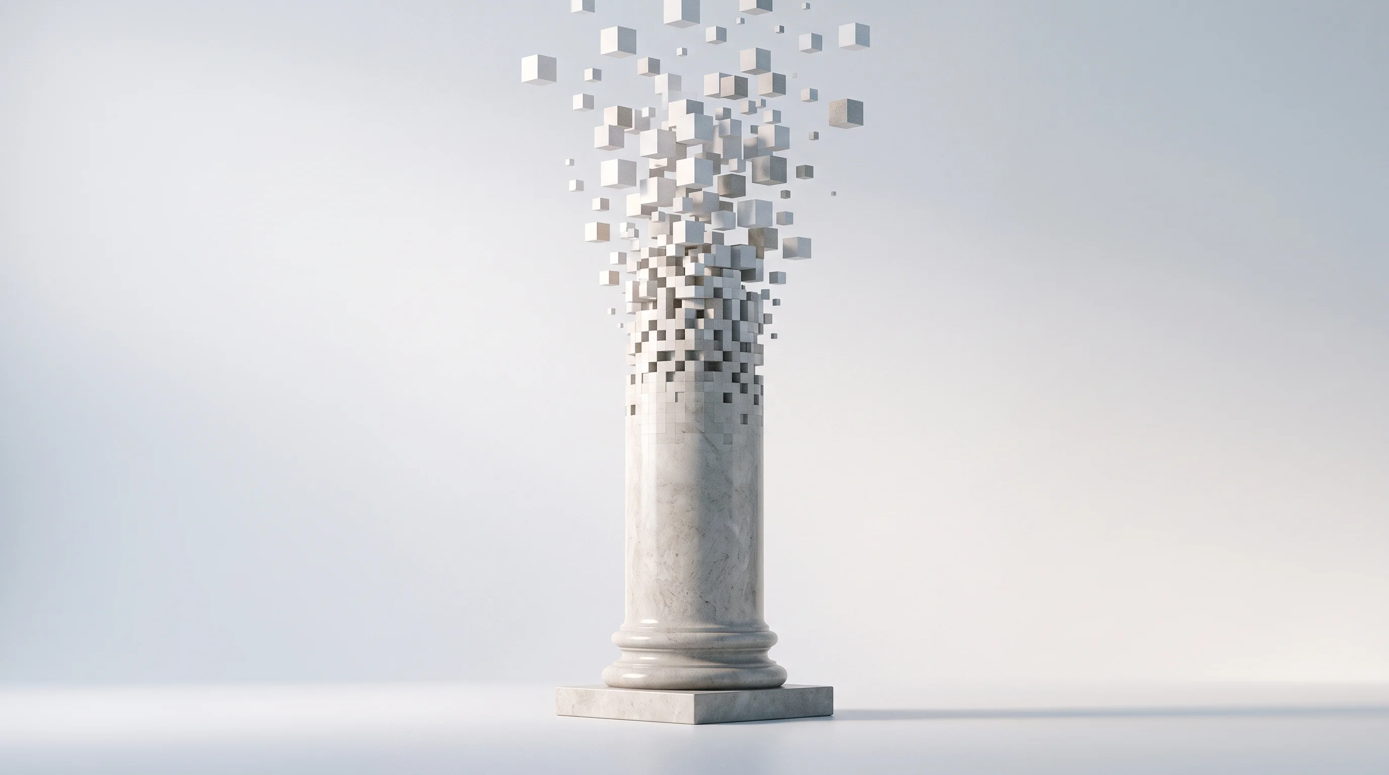Digital illustration for article section "The Pedigree Factor" in "Bespoke Labs Raises $40M to Build AI Agent Training Infrastructure" - A clean, minimalist composition featuring a single, monumental architectural pillar ascending upward...