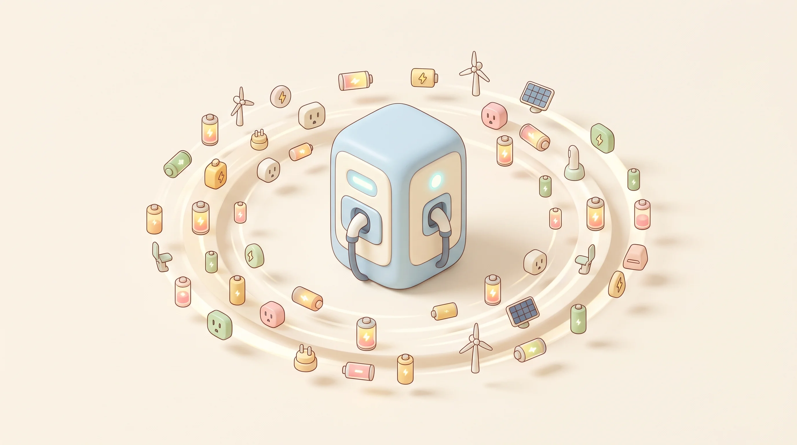Digital illustration for article section "A Crowded, Fast-Moving Market" in "Axle Energy Raises $25M Series A to Turn Homes Into Power Plants" - A clean and minimalist conceptual illustration of a stylized electric vehicle charging hub acting as...