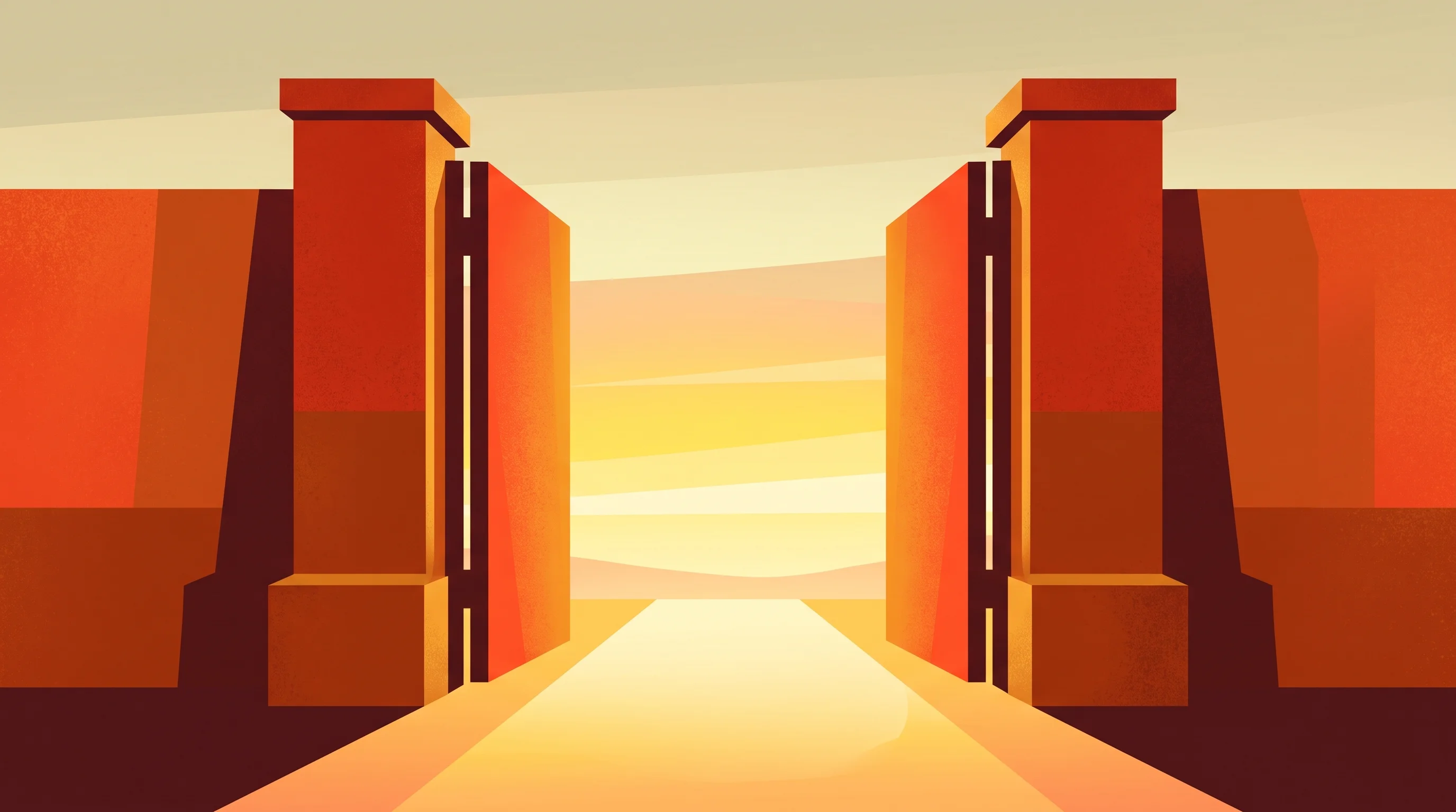 Digital illustration for article section "Content Section 5" in "Prime Intellect Raises $130M Series A at $1B Valuation" - A massive, stylized architectural gateway swinging wide open to reveal a brilliant, expansive horizo...