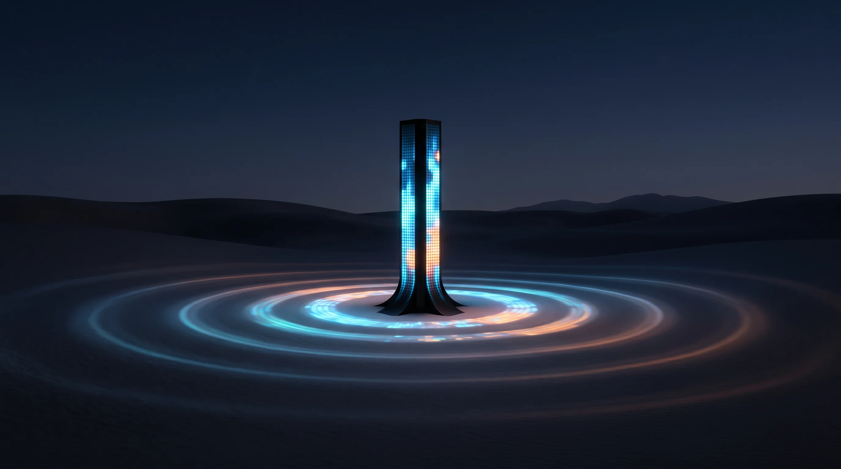 Digital illustration for article section "IT Operations Claims Its Territory" in "The AI Management Platform Gold Rush: 15+ Tools Launch in 2026" - A sleek, minimalist glowing beacon planting itself firmly into a smooth, dark terrain, representing ...