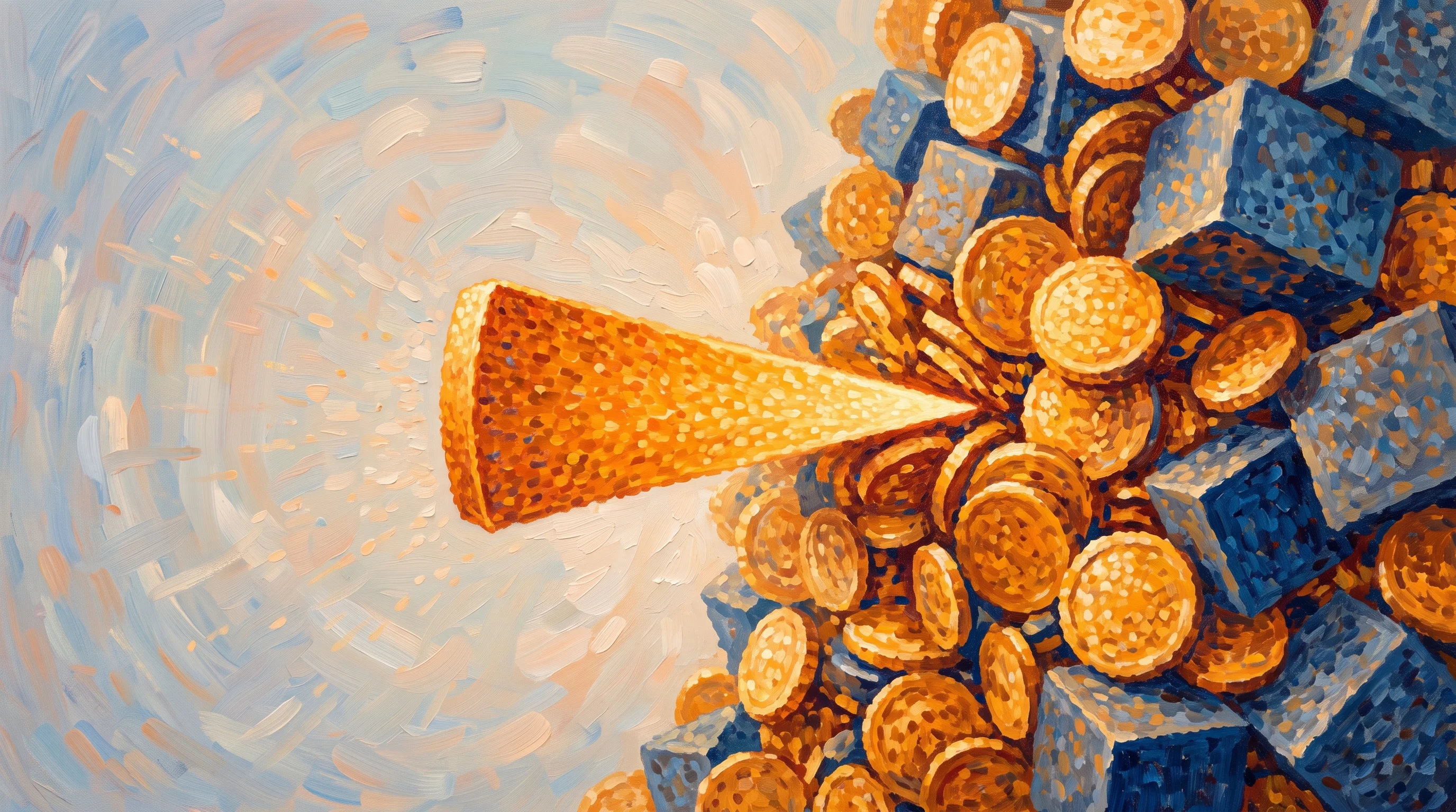 Digital illustration for article section "Crowded Space, Narrow Wedge" in "French AI Startup ZML Raises $20M Seed for Universal Inference Stack" - A minimalist, sharply defined glowing wedge smoothly inserting itself into a dense, towering pile of...