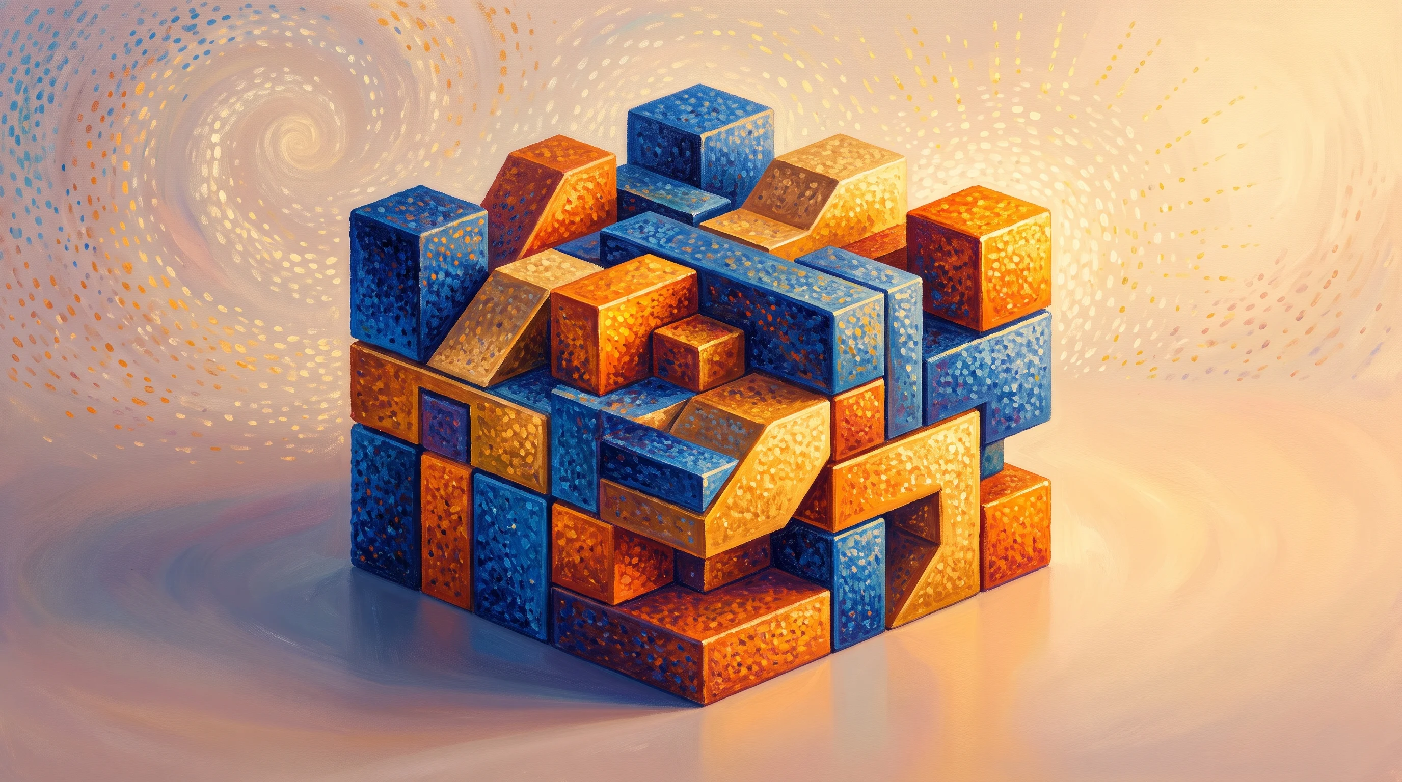 Digital illustration for article section "The Investor Theory" in "French AI Startup ZML Raises $20M Seed for Universal Inference Stack" - A conceptual and minimalist architectural model of interlocking geometric foundation blocks resting ...