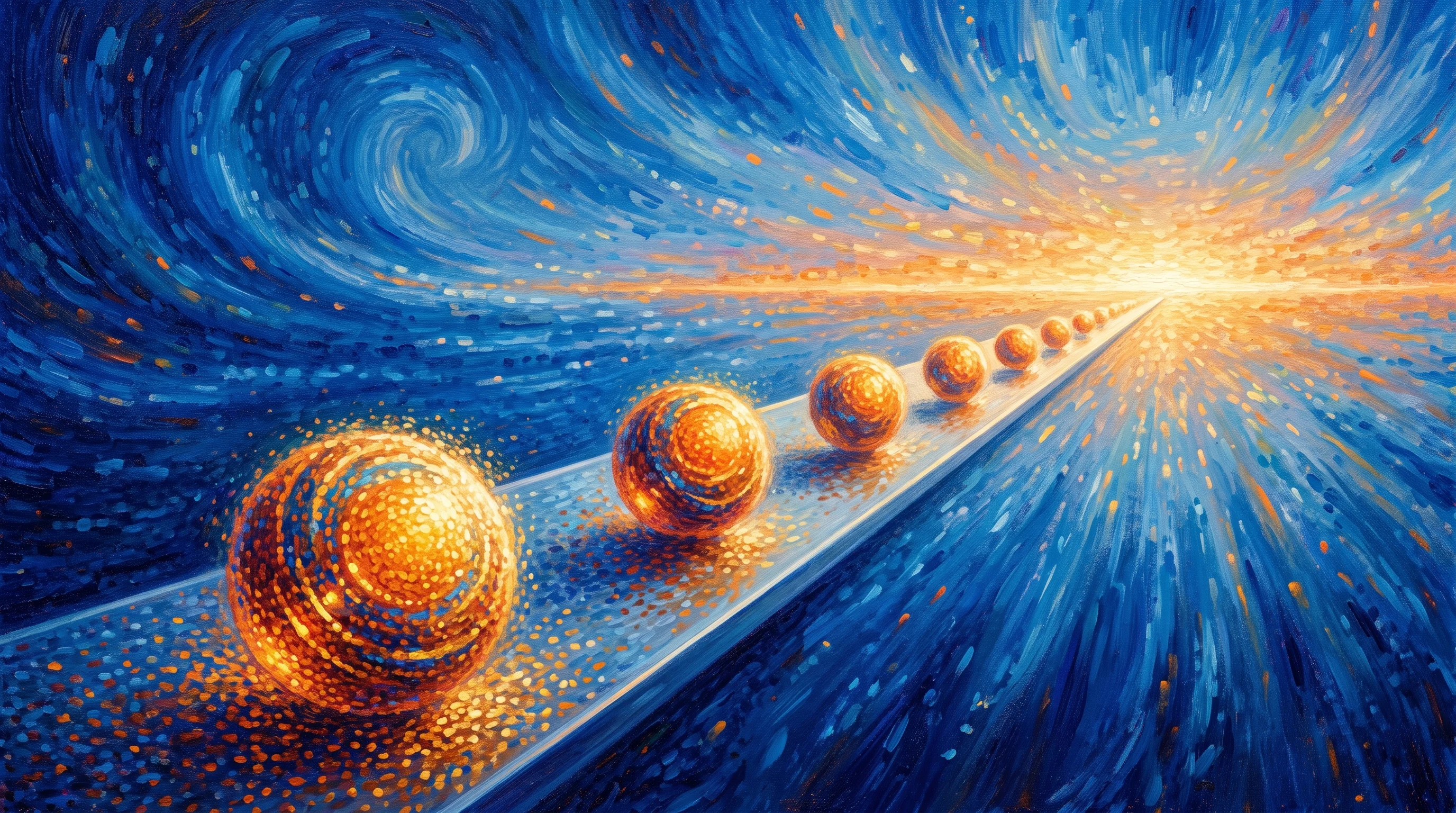 Digital illustration for article section "What Happens Next" in "French AI Startup ZML Raises $20M Seed for Universal Inference Stack" - An abstract, conceptual representation of a fast-paced roadmap and future momentum, featuring a slee...
