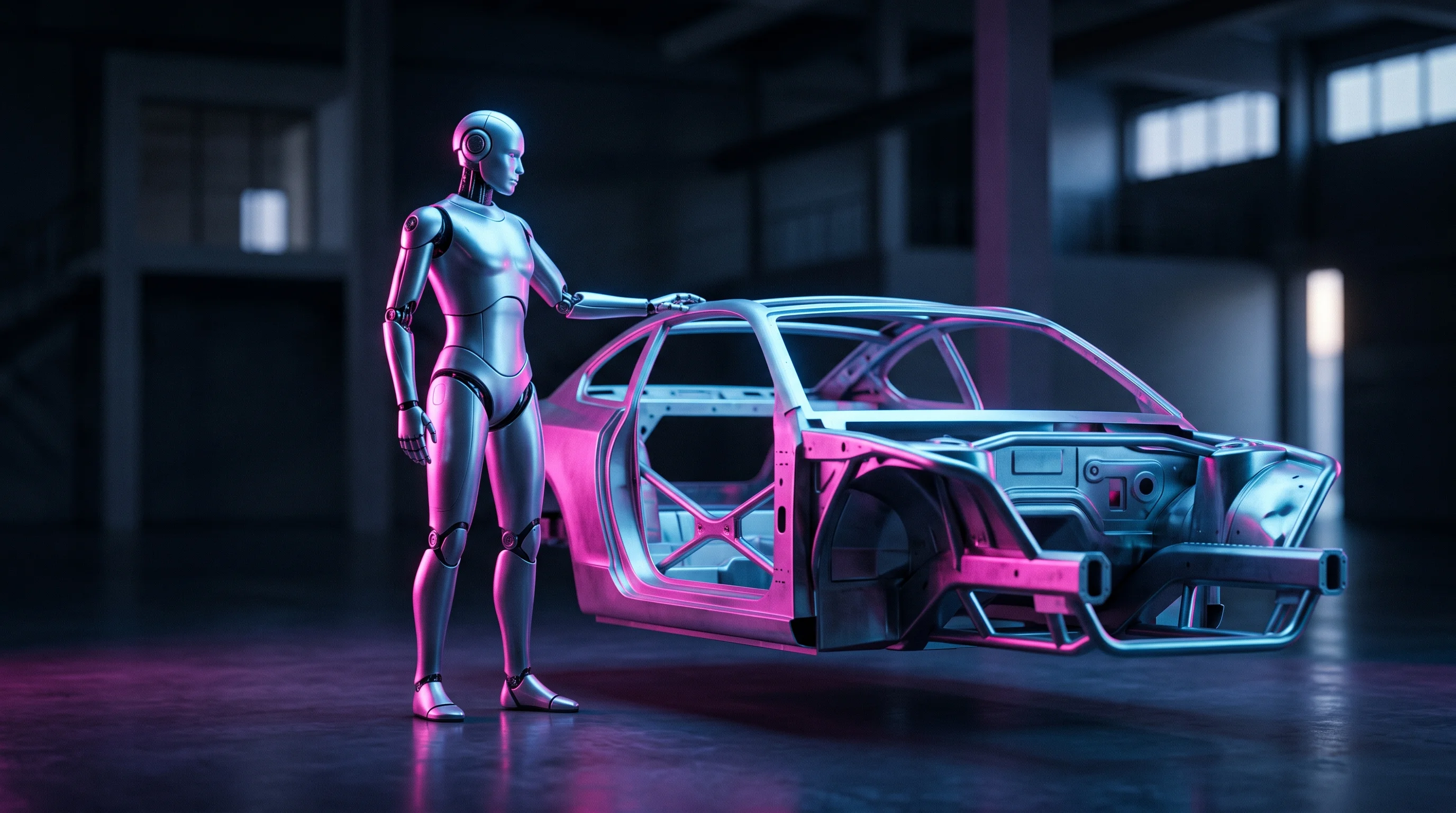 Digital illustration for article section "Into a Suddenly Urgent Market" in "UMA Unveils Humanoid Robot Just 9 Months After Founding" - A sleek, minimalist humanoid robot standing purposefully beside a clean, abstract automotive car cha...