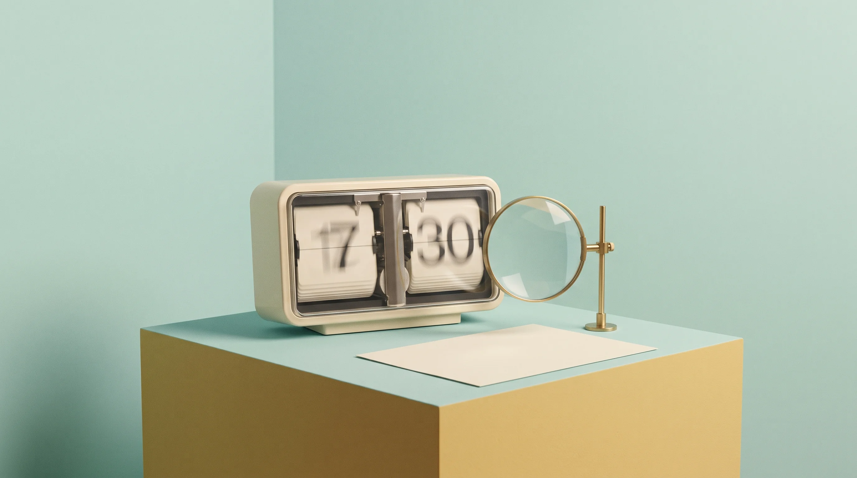 Digital illustration for article section "The Infrastructure Bet" in "SaaS Hive Launches to Help Founders Get Found in AI Search" - A perfectly symmetrical, minimalist composition featuring a single, classic analog flip-clock restin...