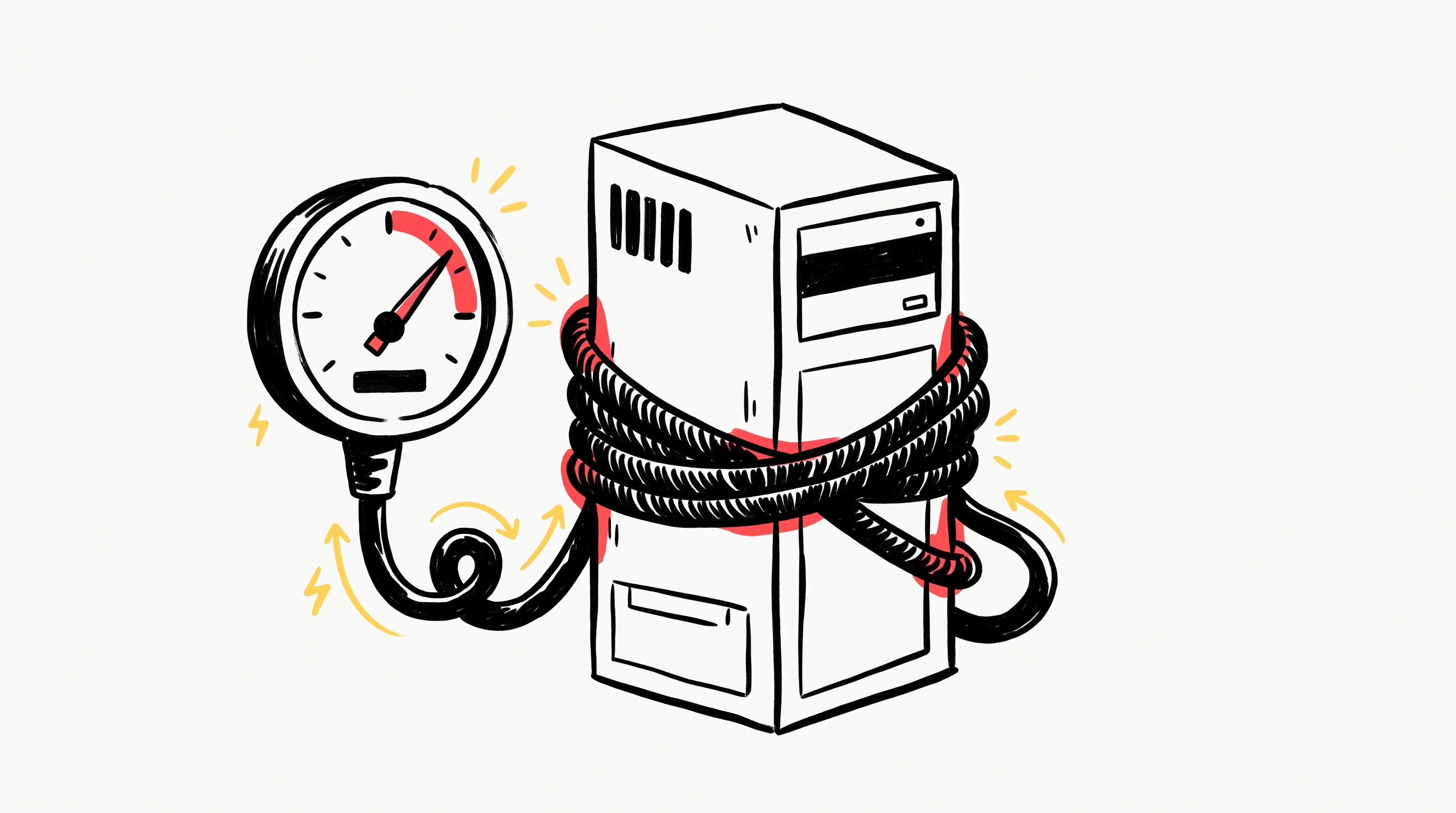 Digital illustration for article section "Infrastructure Constraints Bite Harder" in "Perplexity Bets on Nvidia's First CPU to Power AI Agents" - A conceptual, minimalist illustration of a single, simplified data center server tower tightly wrapp...