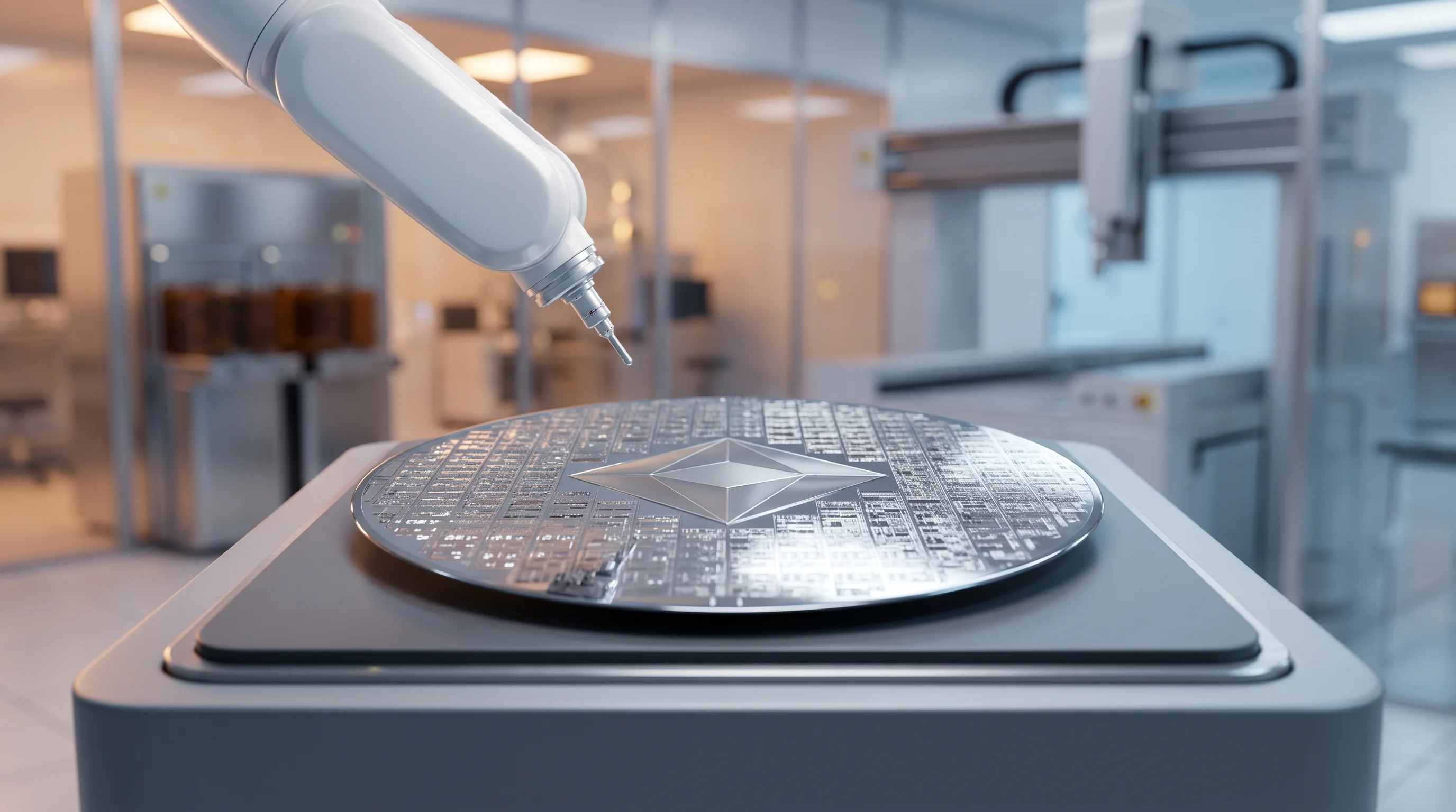 Digital illustration for article section "Asia and the Fab Floor" in "QuantumDiamonds Raises €91M to Scale Quantum Chip Inspection Tech" - A pristine, hyper-detailed silicon wafer featuring a subtle, polished diamond-like geometric core re...